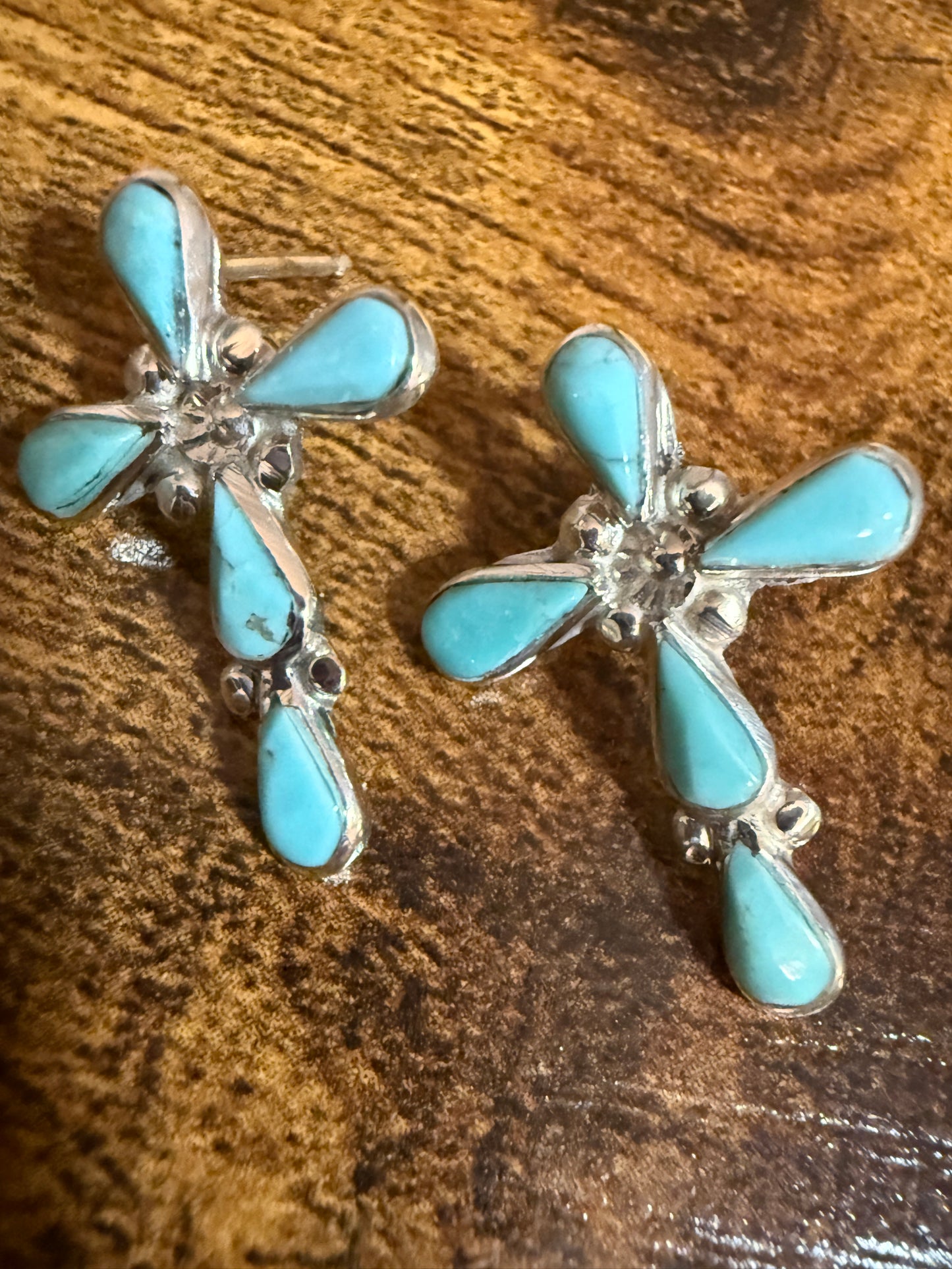 Native Inspired Sterling Silver Turquoise Cross Post Earrings Five Stone Bezel Silver Elegant