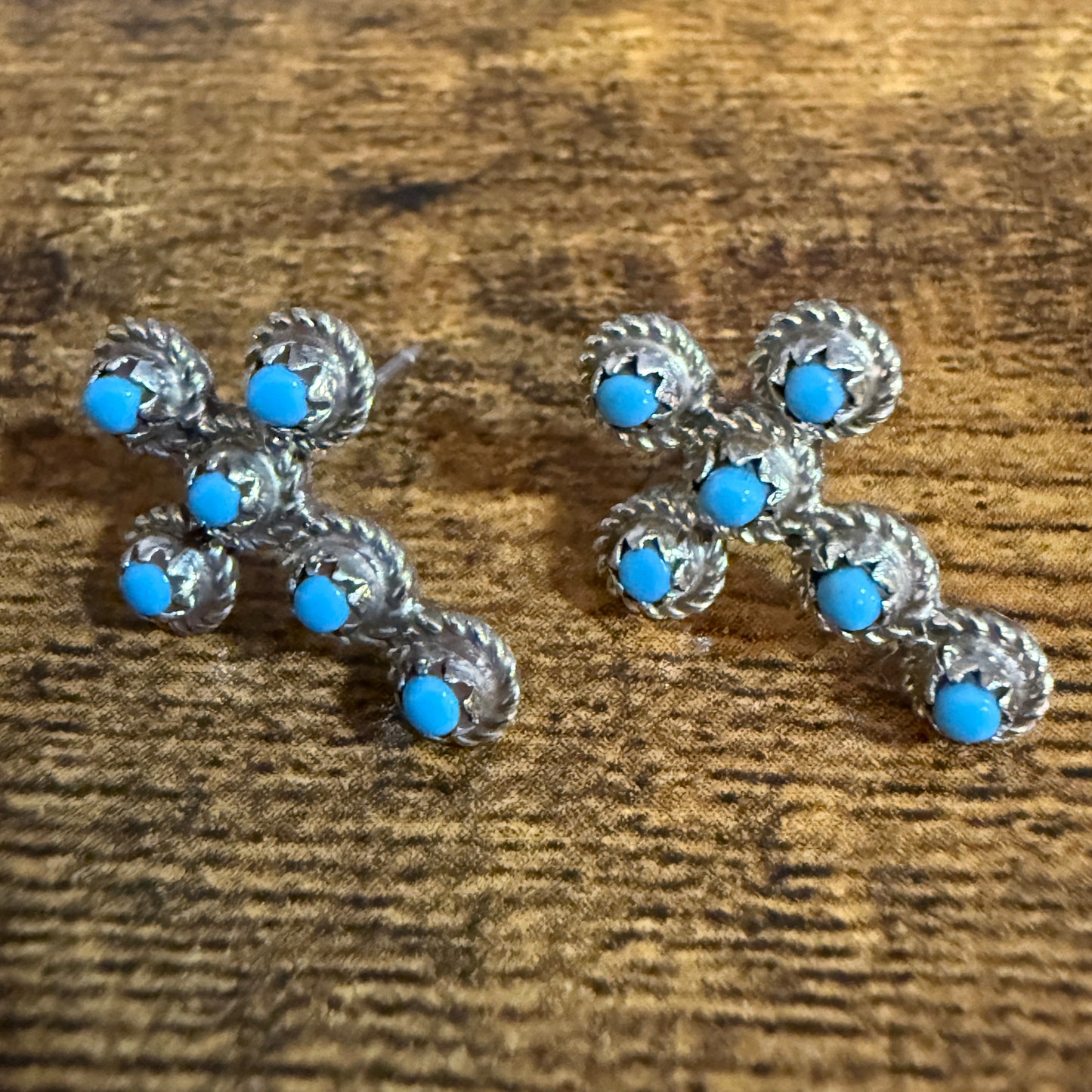 Zuni Inspired Turquoise Cross Stud Earrings Sterling Silver Nakatewa Signed Silver Elegant