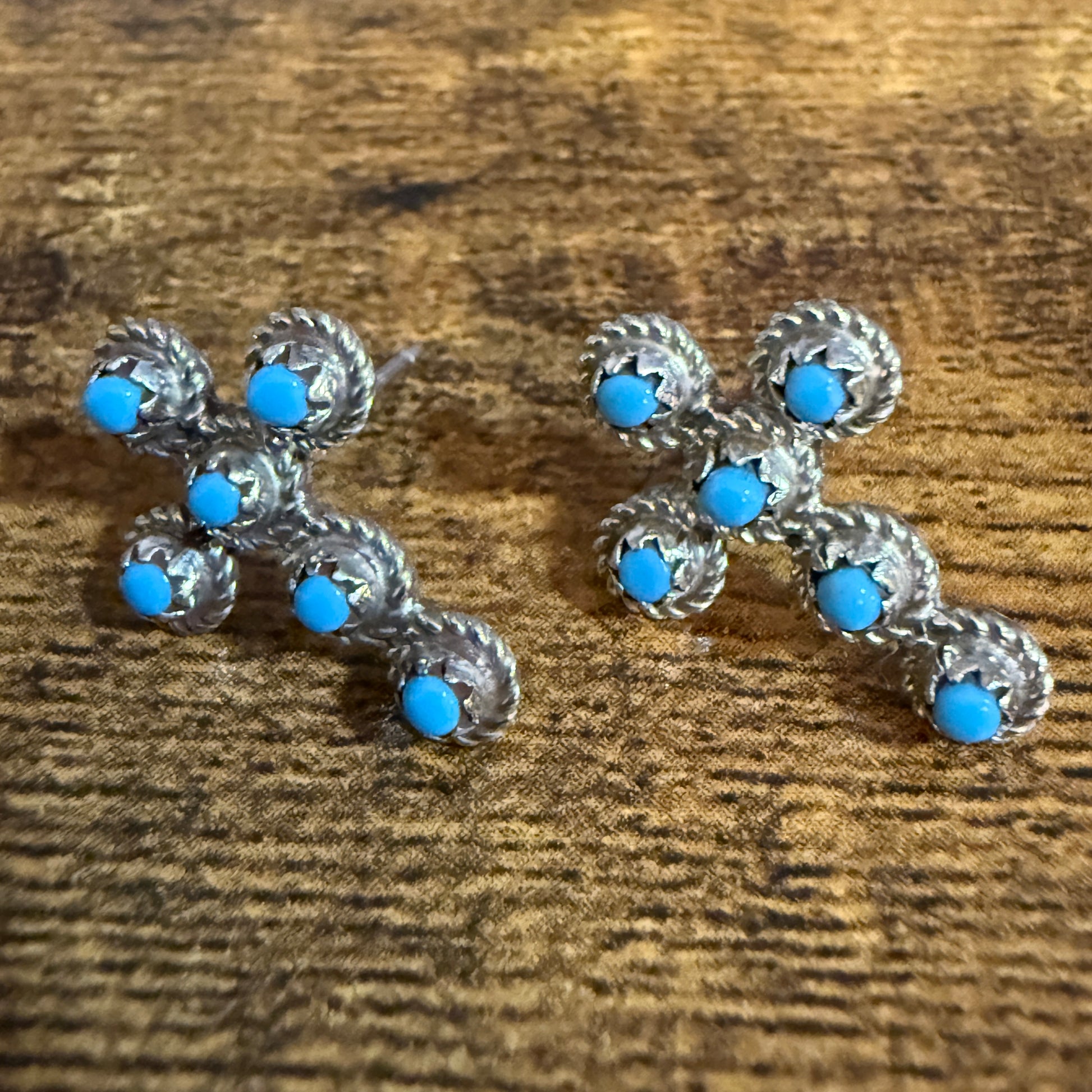 Zuni Inspired Turquoise Cross Stud Earrings Sterling Silver Nakatewa Signed Silver Elegant