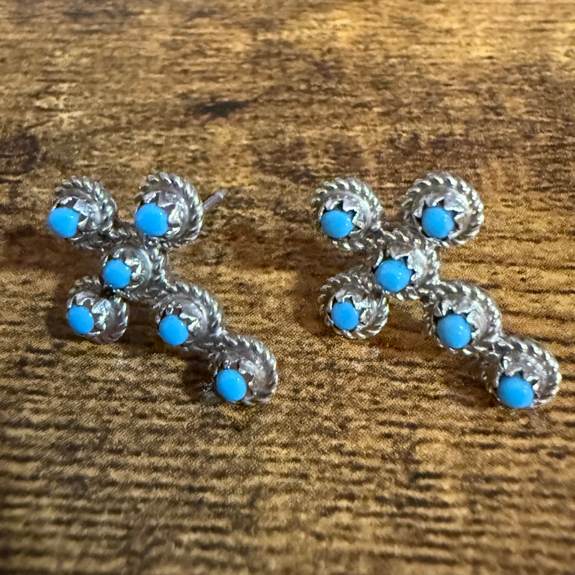 Zuni Inspired Turquoise Cross Stud Earrings Sterling Silver Nakatewa Signed Silver Elegant