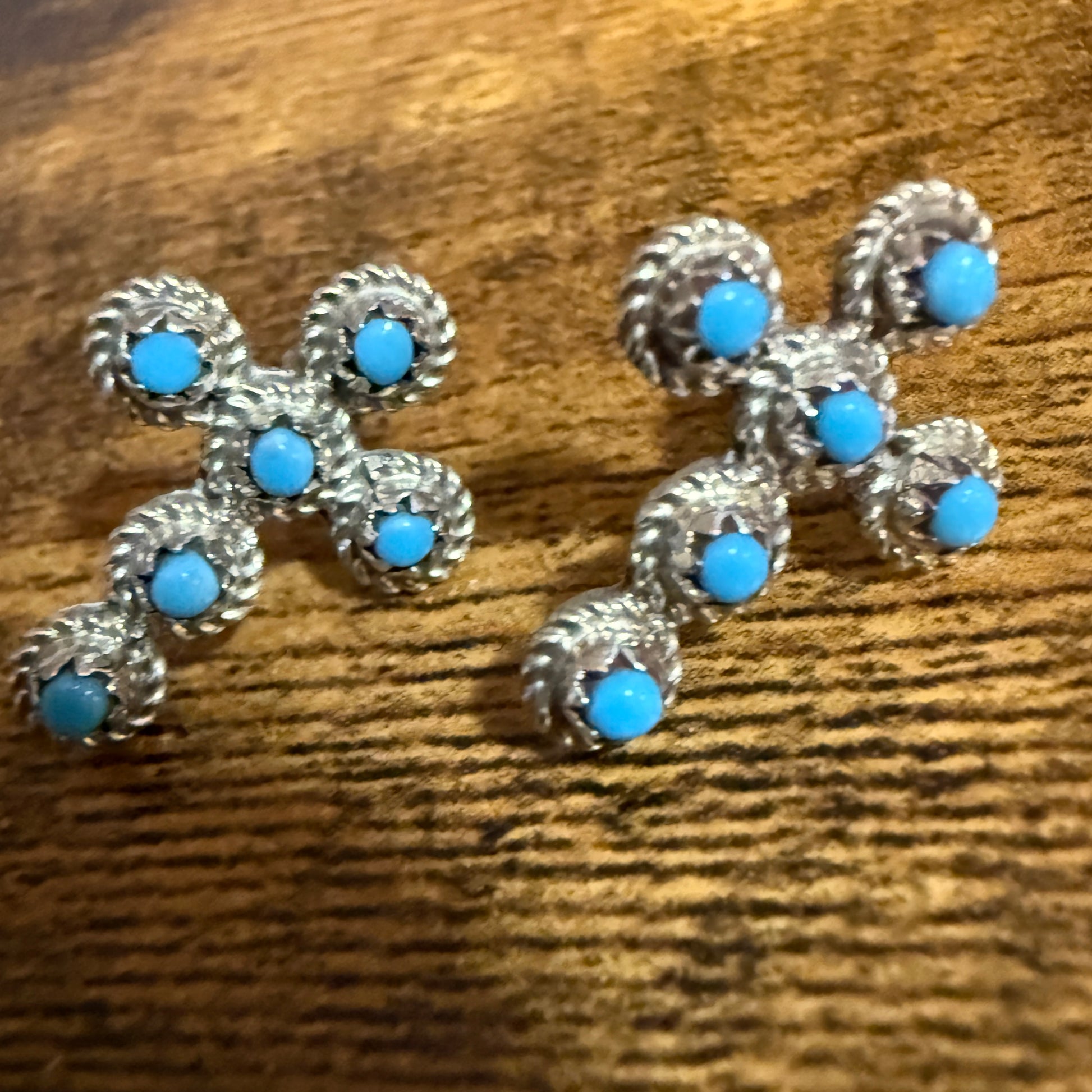Zuni Inspired Turquoise Cross Stud Earrings Sterling Silver Nakatewa Signed Silver Elegant