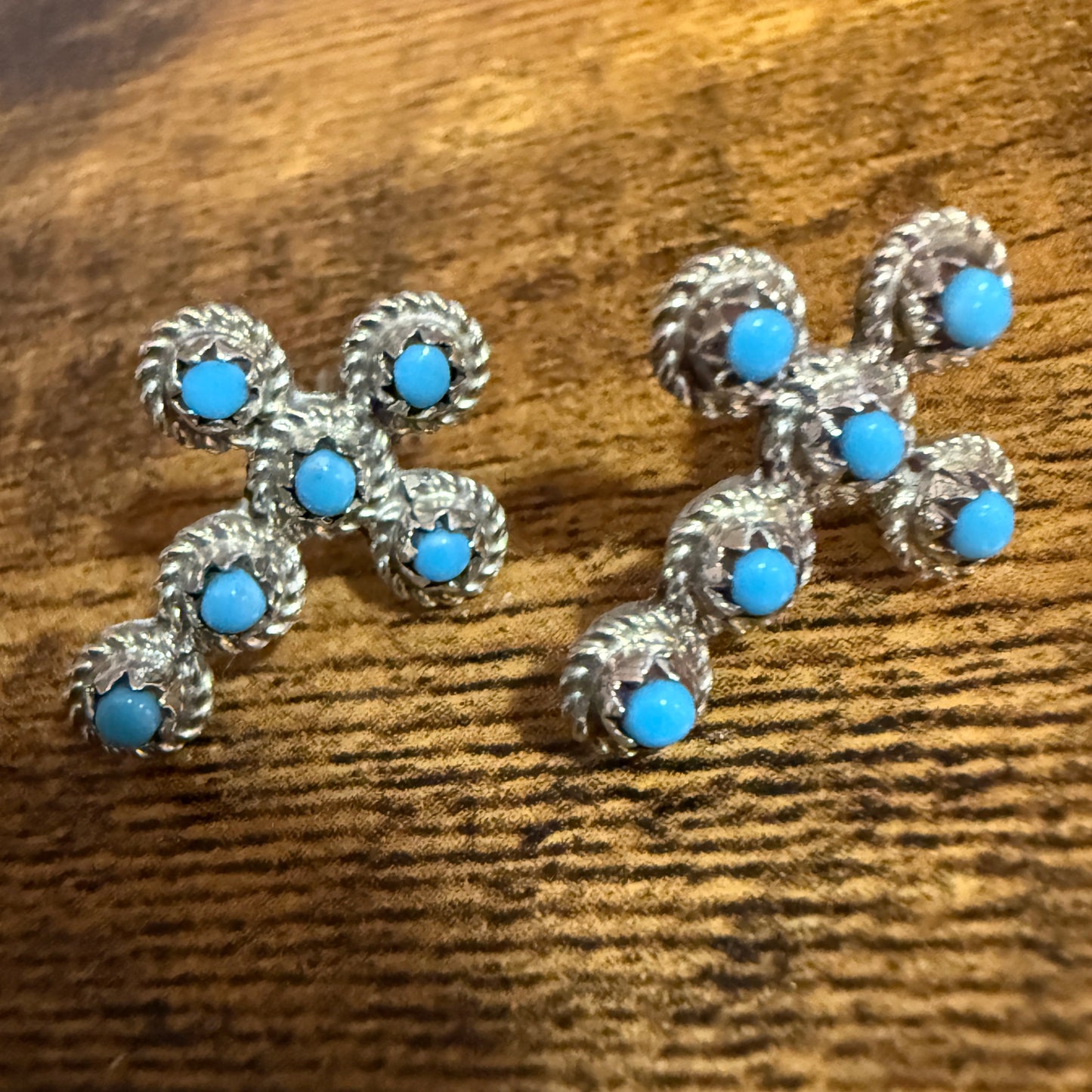 Zuni Inspired Turquoise Cross Stud Earrings Sterling Silver Nakatewa Signed Silver Elegant