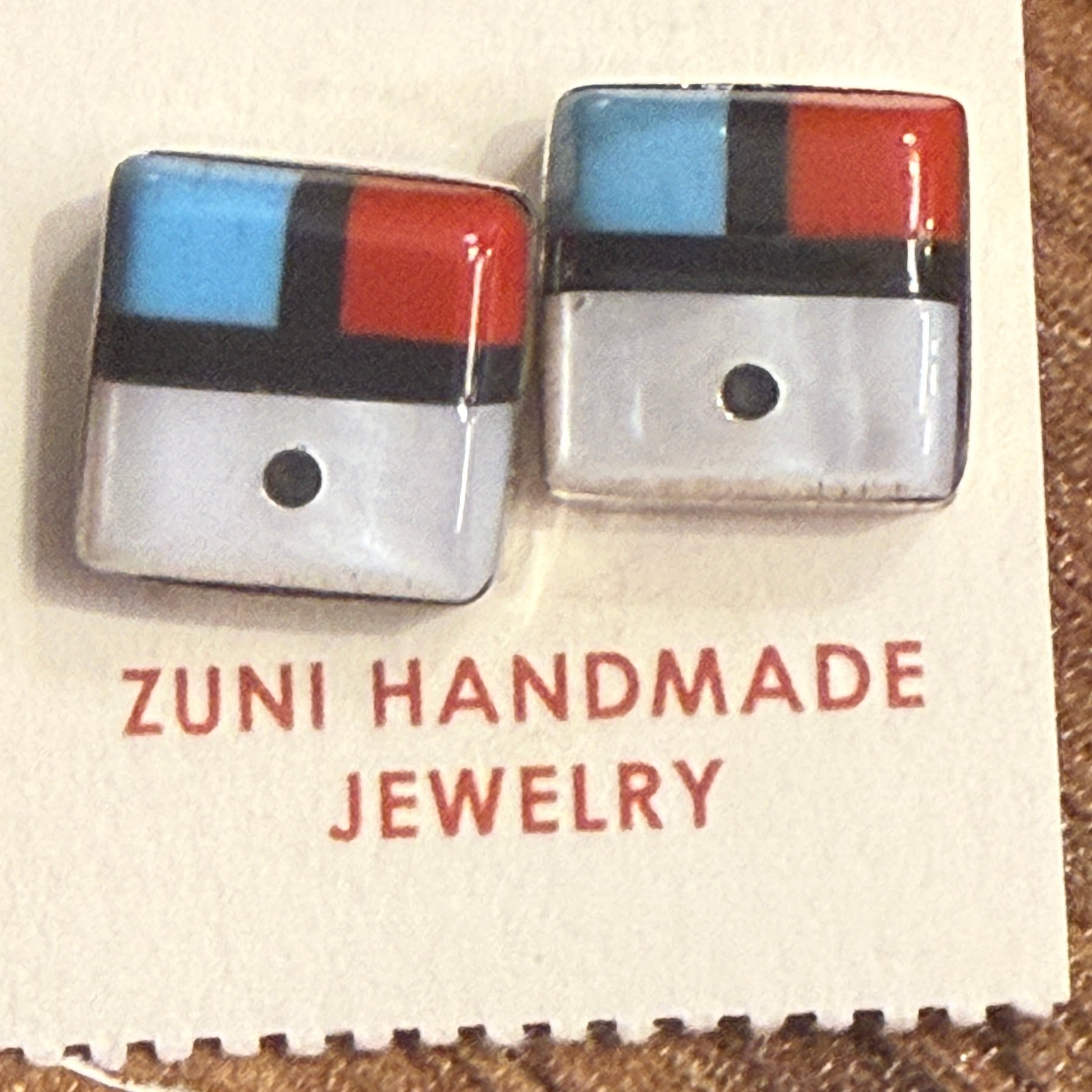 Native Inspired Zuni Sunface Inlay Earrings Sterling Turquoise Coral Onyx Shell Silver Elegant