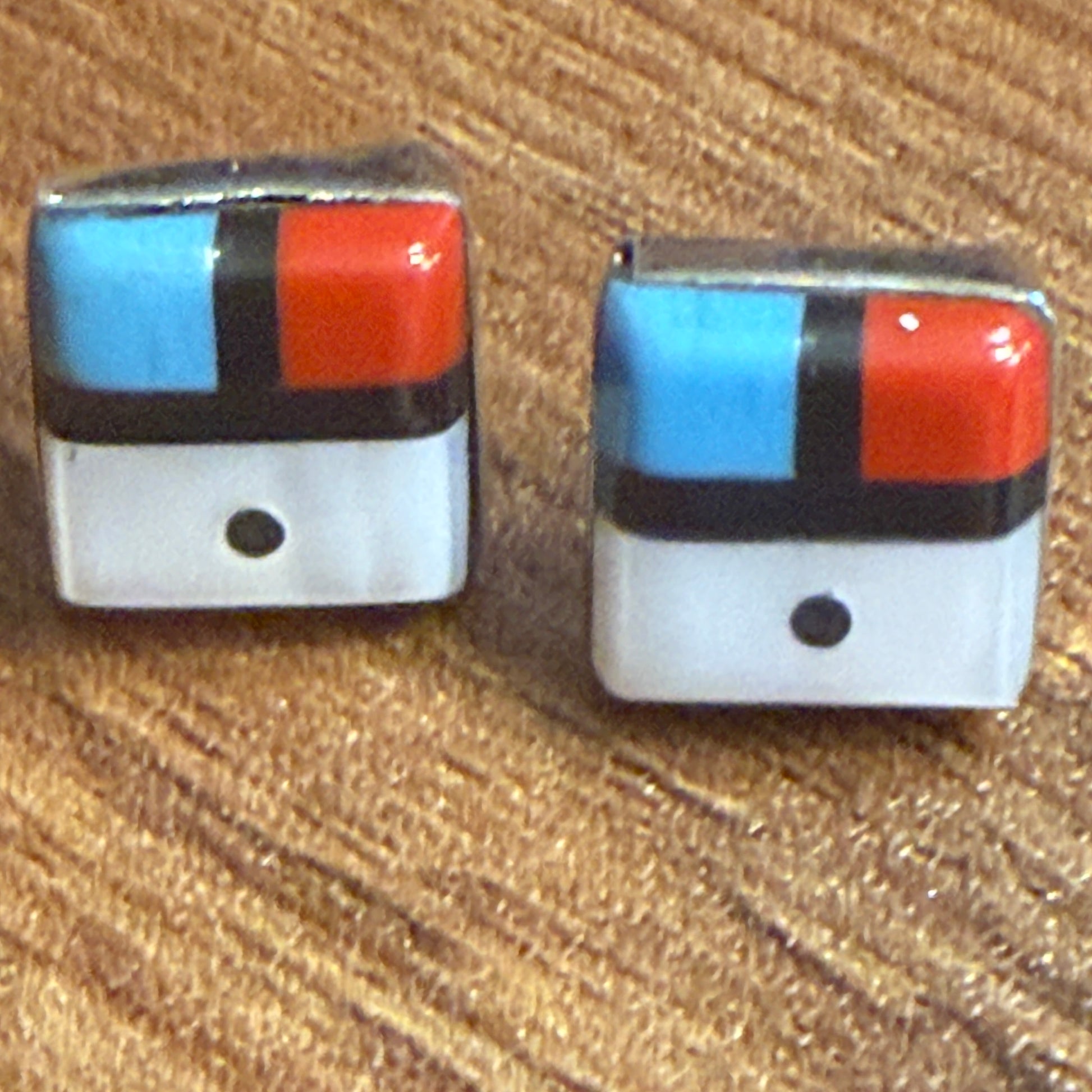 Native Inspired Zuni Sunface Inlay Earrings Sterling Turquoise Coral Onyx Shell Silver Elegant