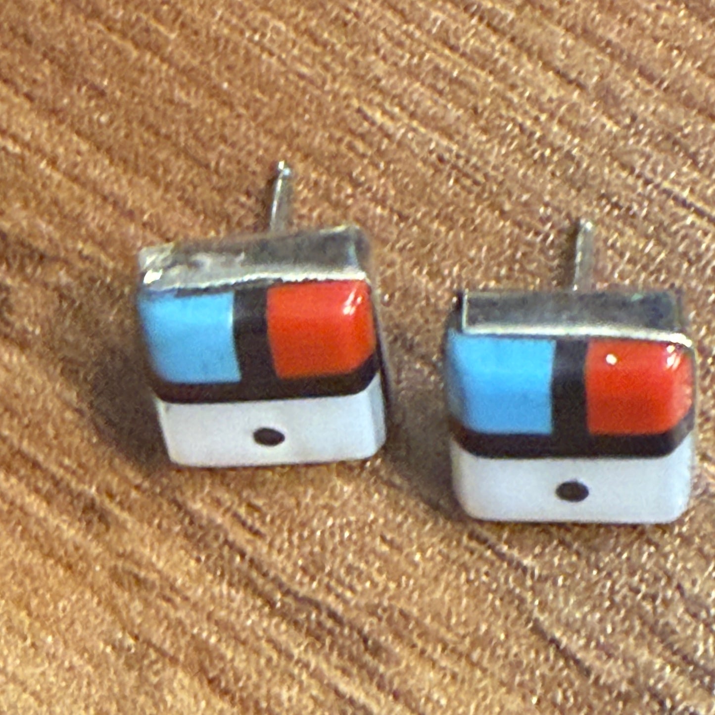 Native Inspired Zuni Sunface Inlay Earrings Sterling Turquoise Coral Onyx Shell Silver Elegant