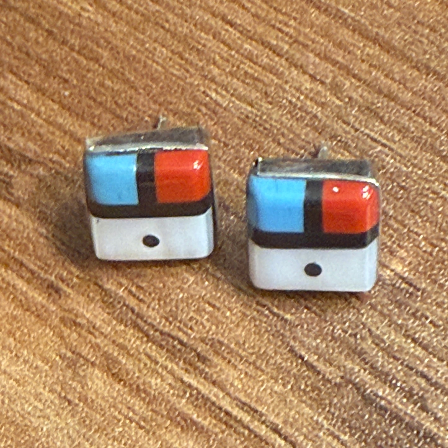 Native Inspired Zuni Sunface Inlay Earrings Sterling Turquoise Coral Onyx Shell Silver Elegant