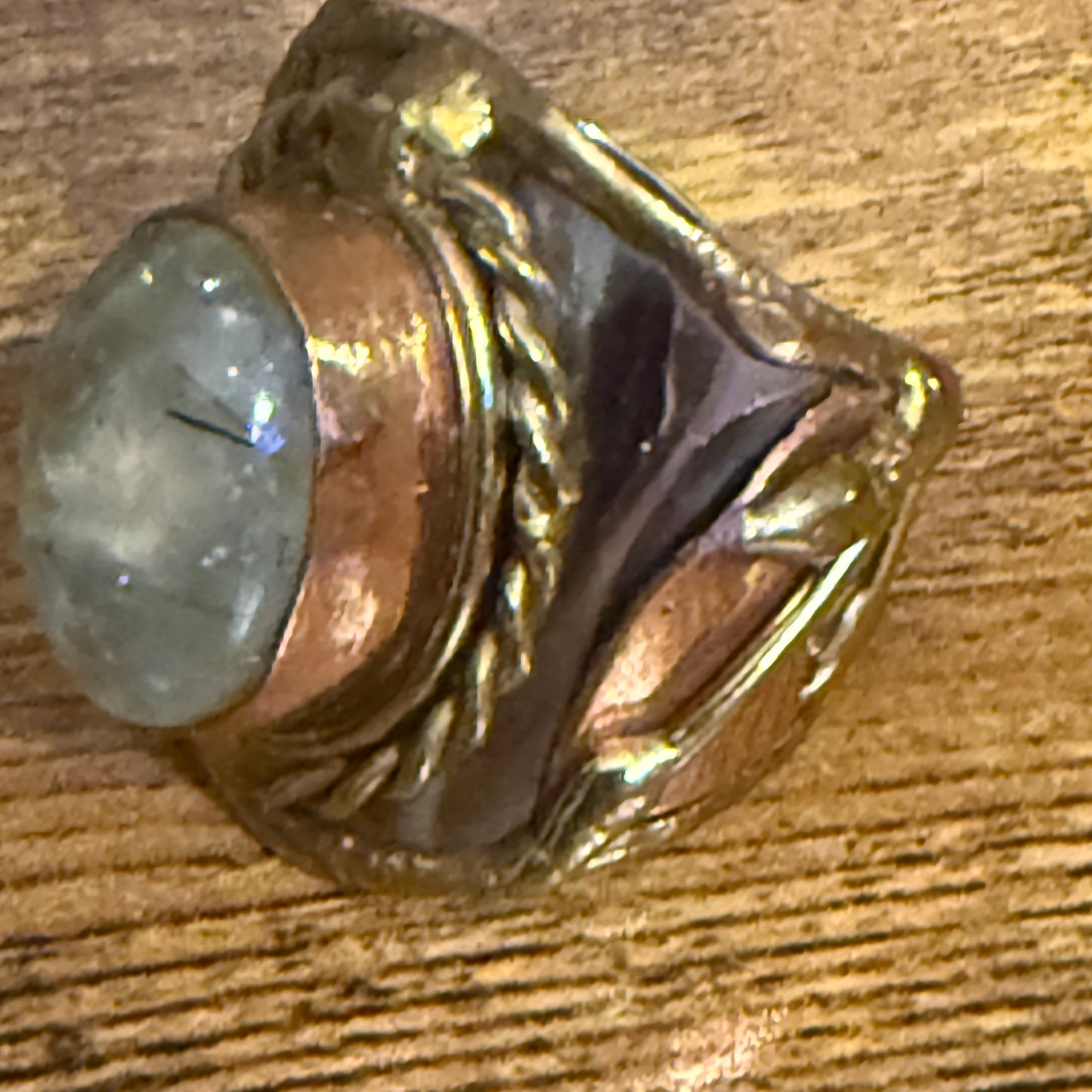 Handcrafted Moss Agate Gemstone Adjustable Ring Mixed Metals Silver Elegant