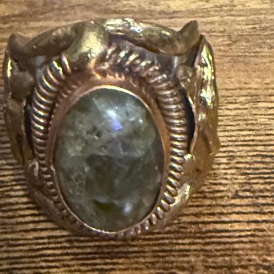 Green Labradorite Ring Adjustable Handcrafted Gemstone Mixed Metals Silver Elegant
