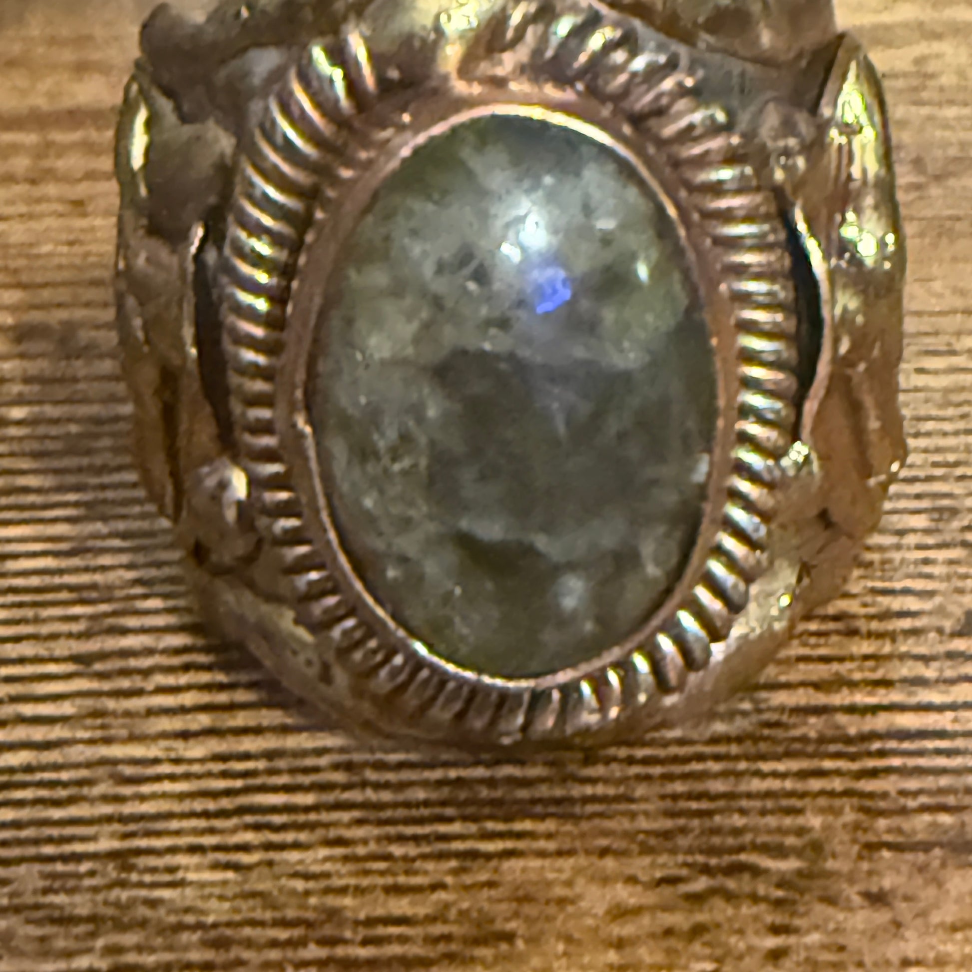 Green Labradorite Ring Adjustable Handcrafted Gemstone Mixed Metals Silver Elegant