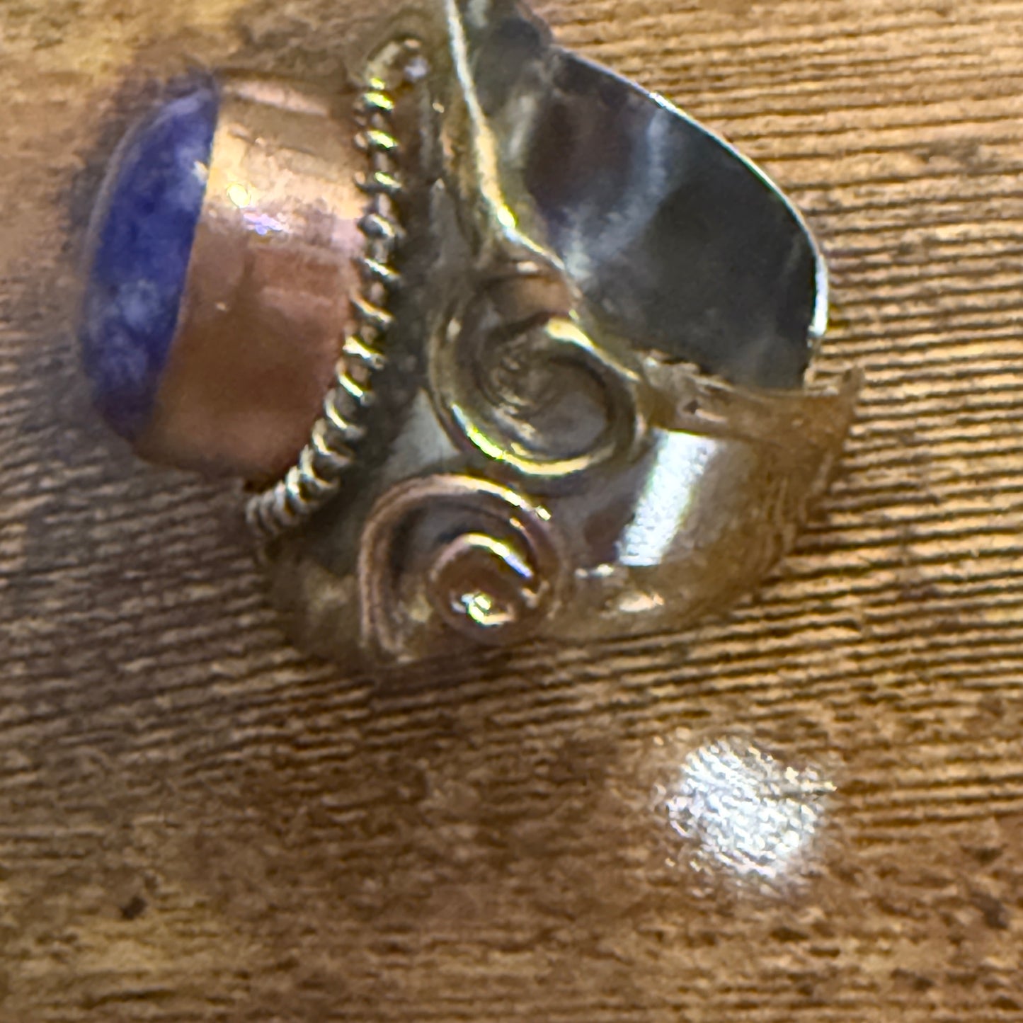 Handcrafted Blue Lapis Natural Gemstone Adjustable Ring Mixed Metals Silver Elegant