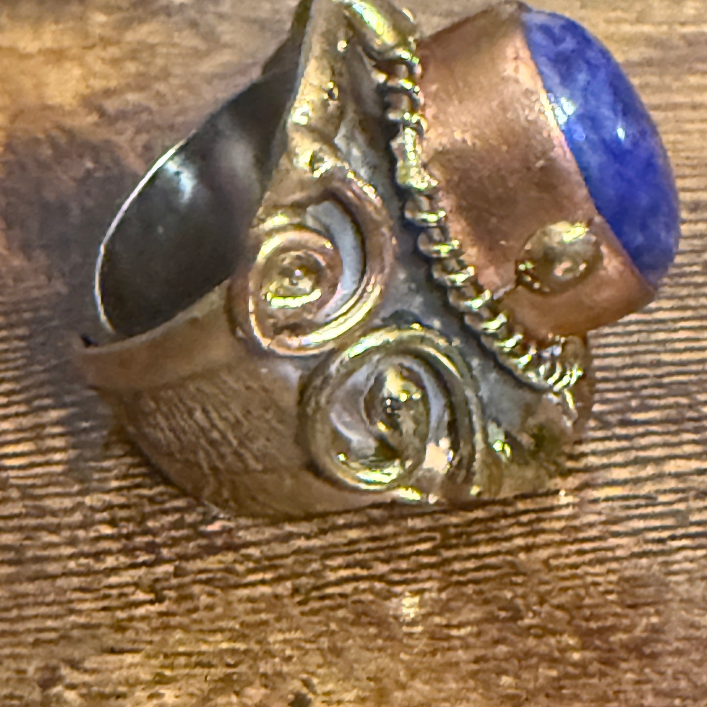 Handcrafted Blue Lapis Natural Gemstone Adjustable Ring Mixed Metals Silver Elegant
