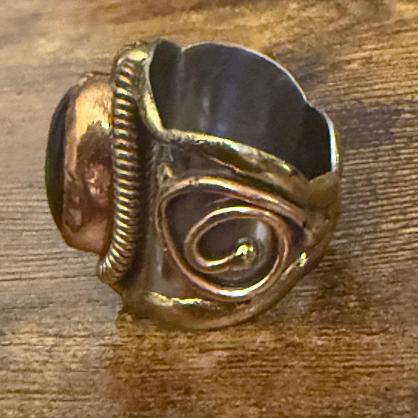 Handcrafted Black Onyx Natural Gemstone Adjustable Ring In Mixed Metals Silver Elegant