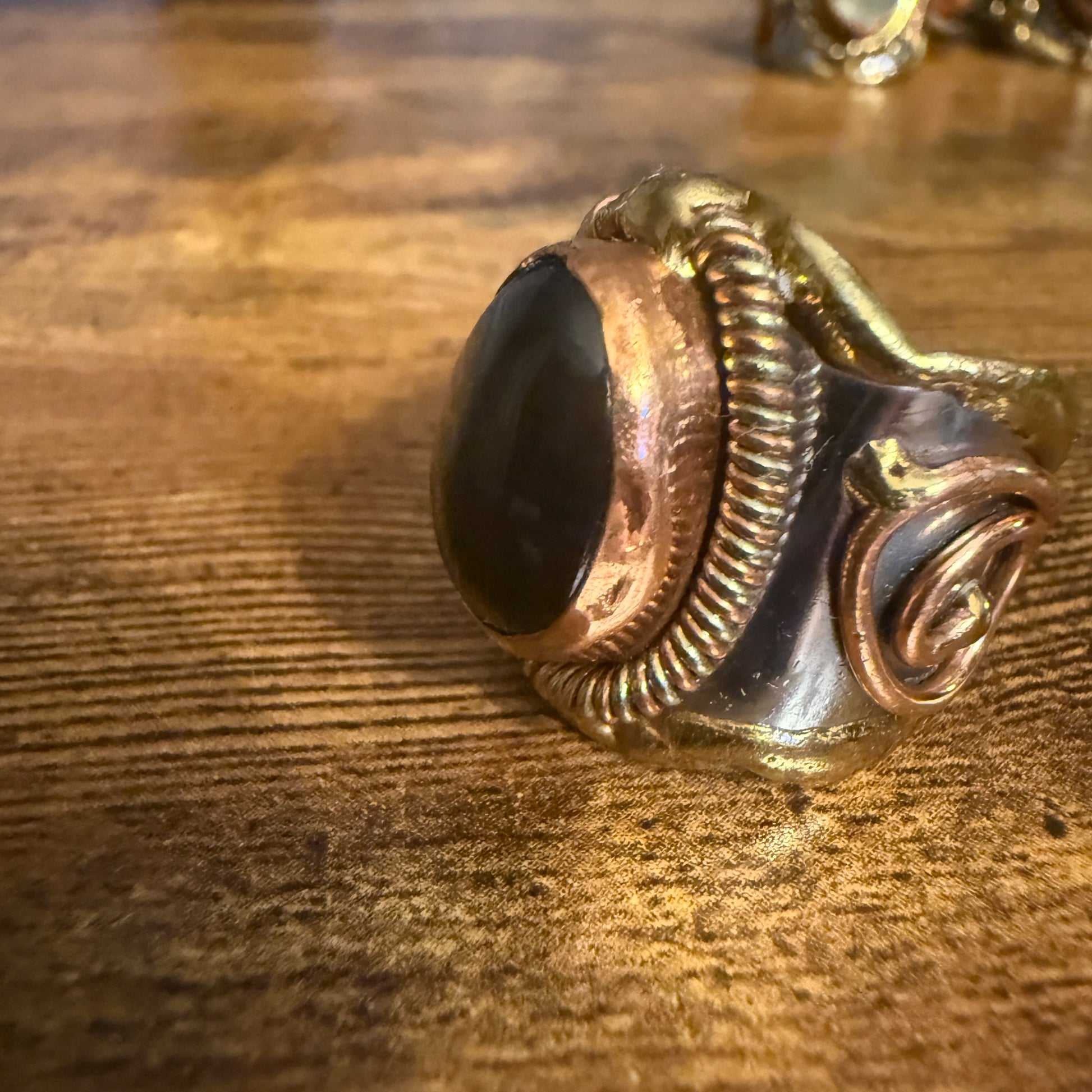 Handcrafted Black Onyx Natural Gemstone Adjustable Ring In Mixed Metals Silver Elegant