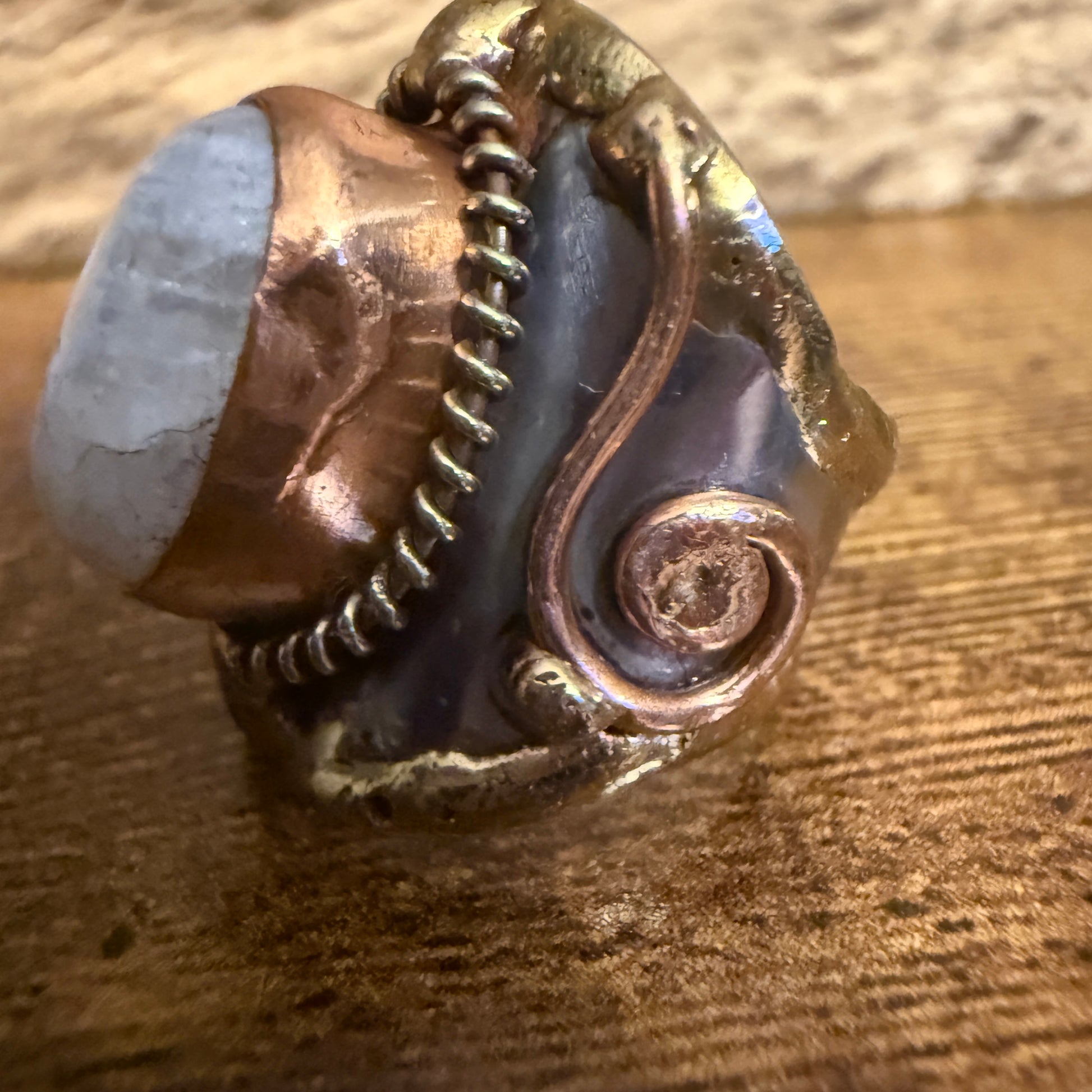 Handcrafted Moonstone Ring Adjustable Natural Gemstone Mixed Metals Silver Elegant