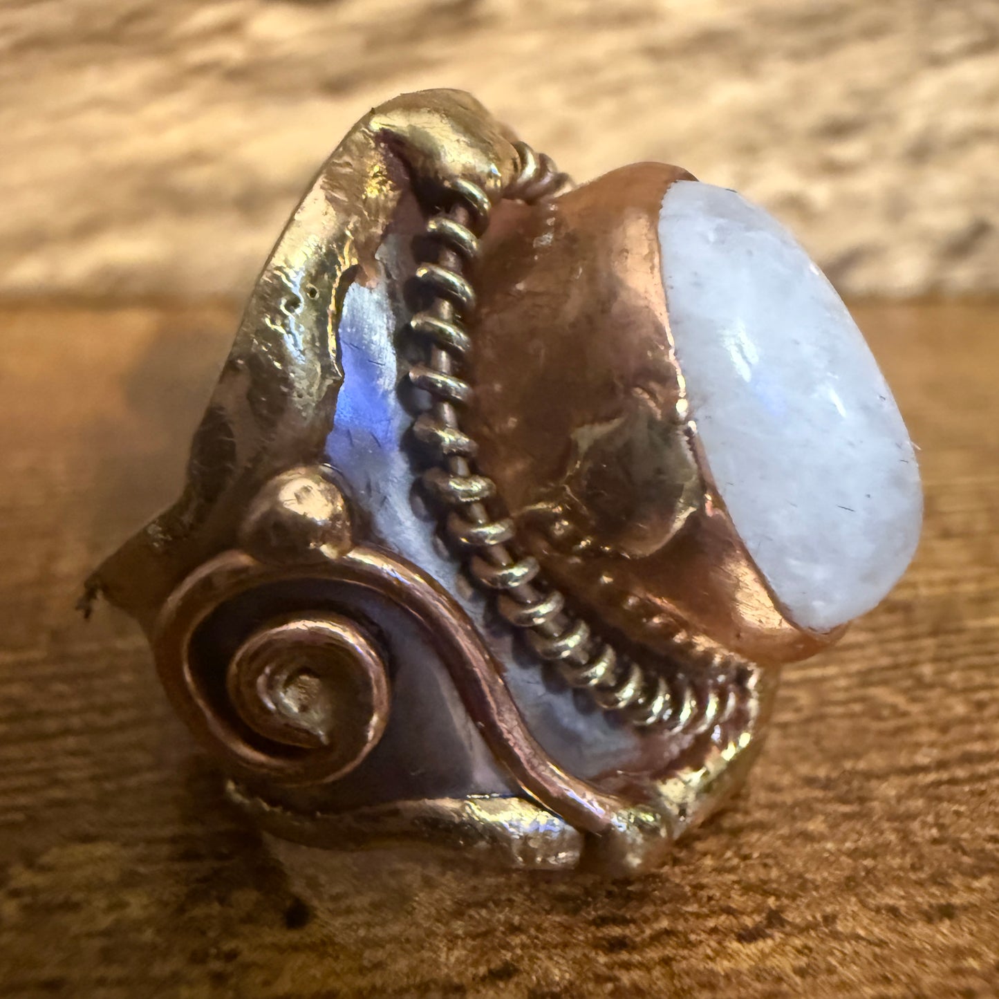 Handcrafted Moonstone Ring Adjustable Natural Gemstone Mixed Metals Silver Elegant