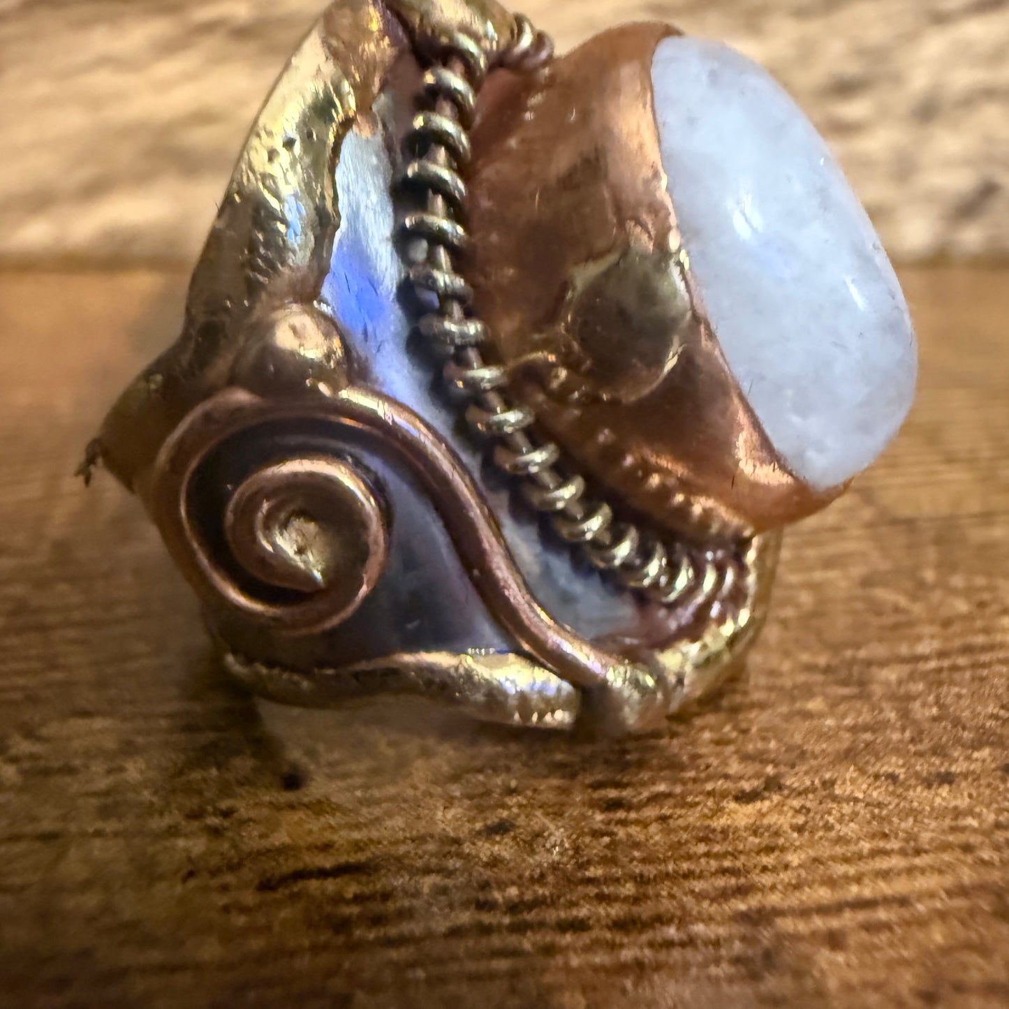 Handcrafted Moonstone Ring Adjustable Natural Gemstone Mixed Metals Silver Elegant