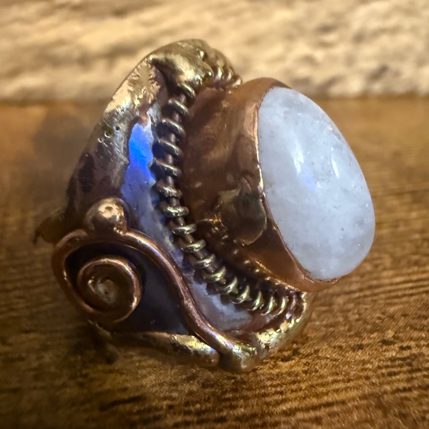 Handcrafted Moonstone Ring Adjustable Natural Gemstone Mixed Metals Silver Elegant