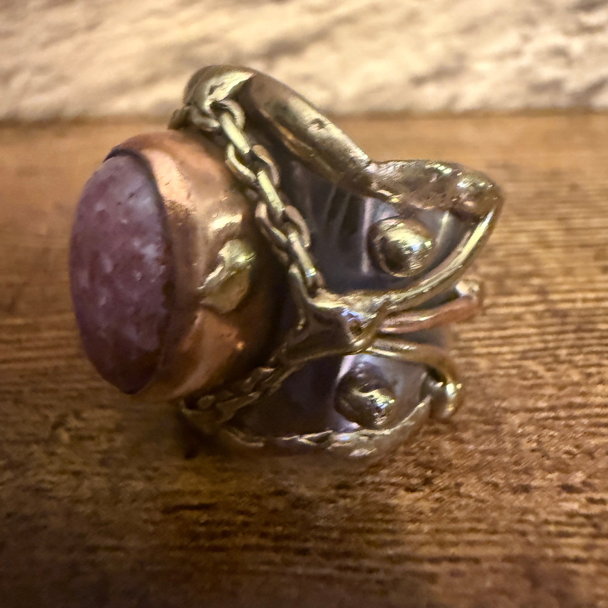 Handcrafted Pink Rose Quartz Ring With Adjustable Mixed Metals Silver Elegant