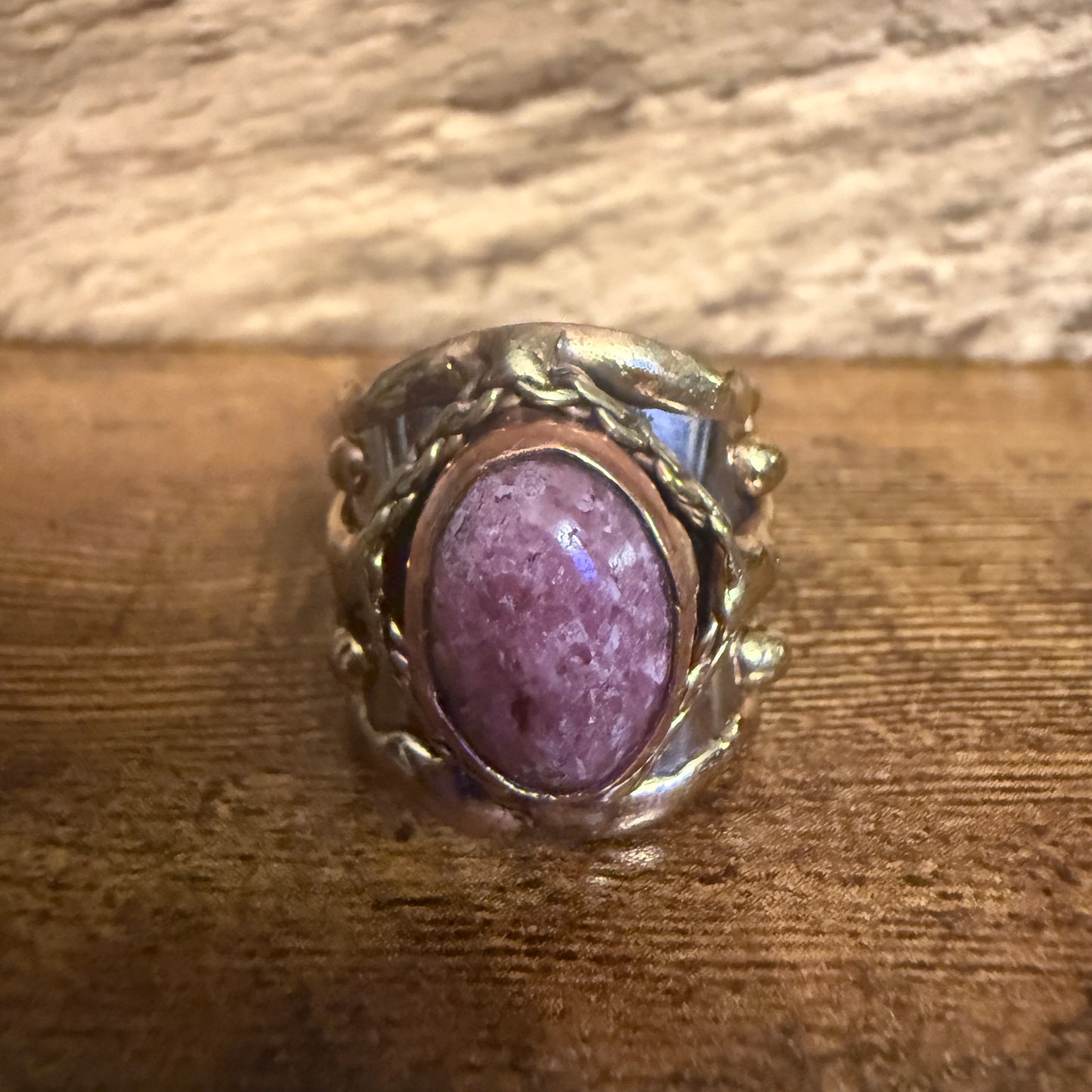 Handcrafted Pink Rose Quartz Ring With Adjustable Mixed Metals Silver Elegant