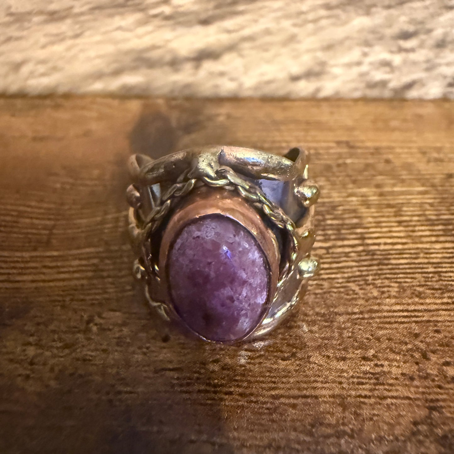 Handcrafted Pink Rose Quartz Ring With Adjustable Mixed Metals Silver Elegant