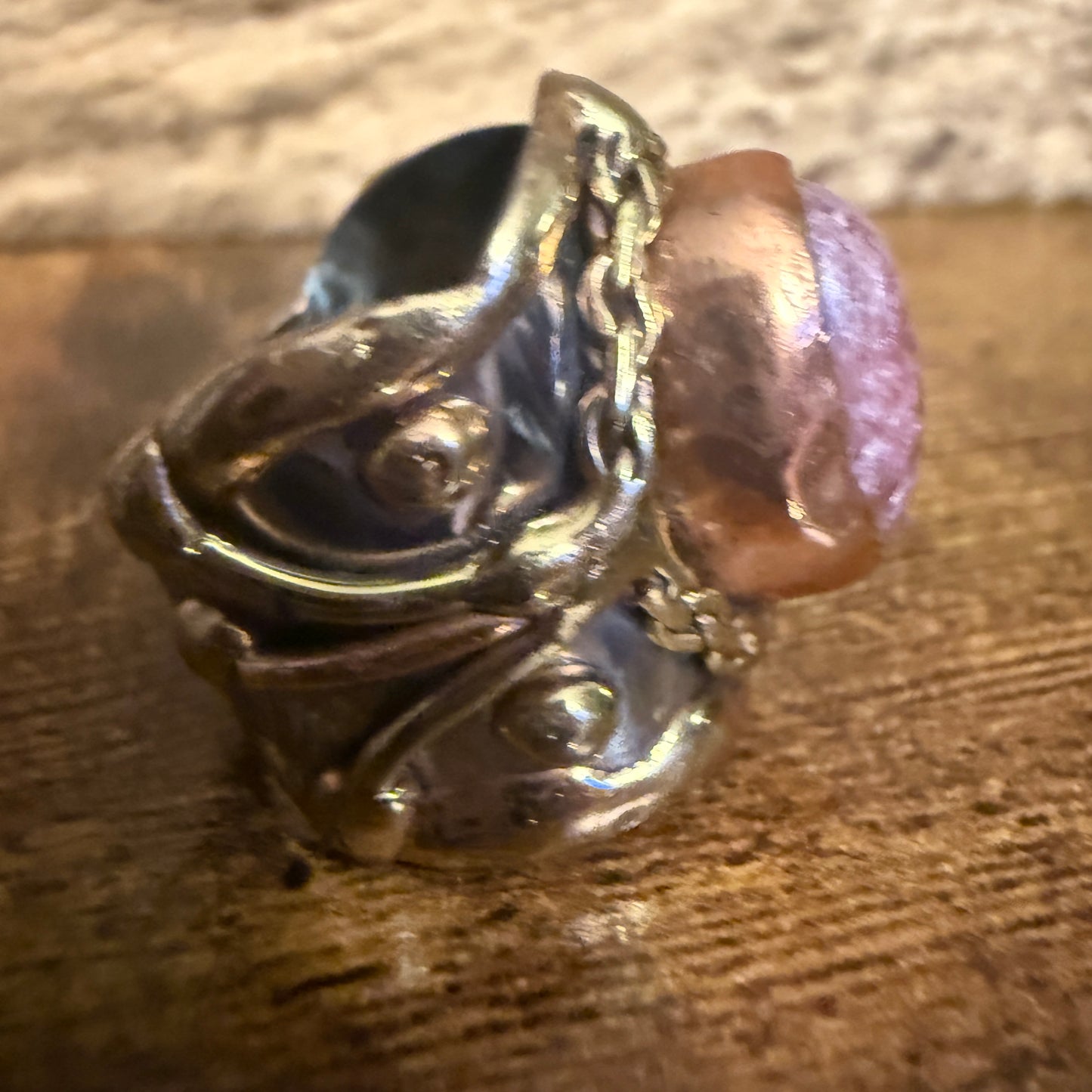 Handcrafted Pink Rose Quartz Ring With Adjustable Mixed Metals Silver Elegant