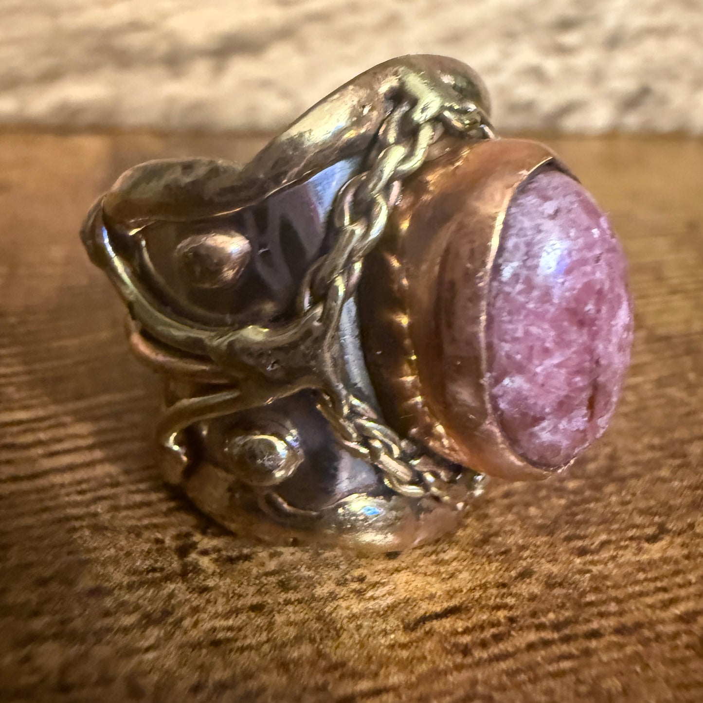 Handcrafted Pink Rose Quartz Ring With Adjustable Mixed Metals Silver Elegant