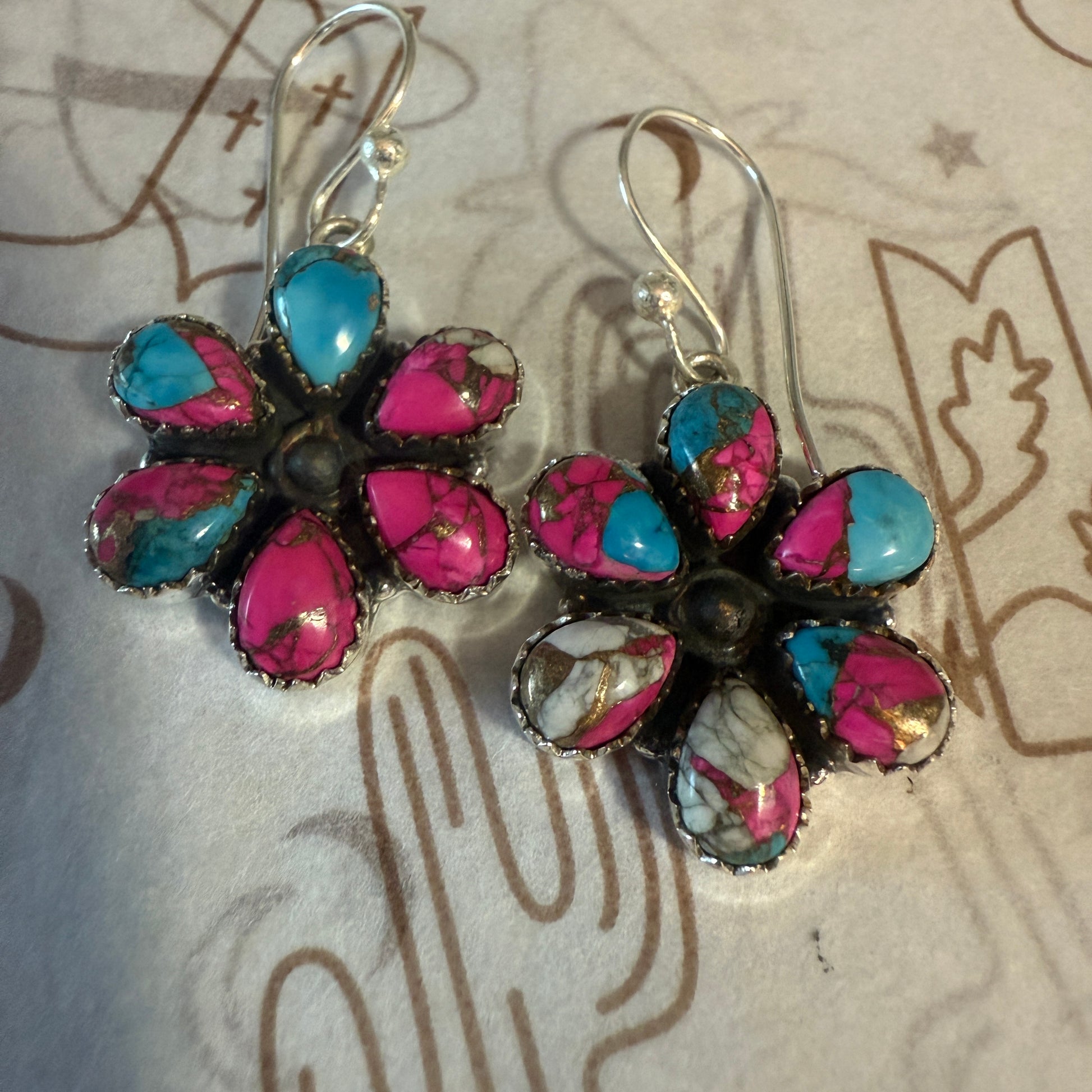 Cotton Candy Turquoise Dahlia Cluster Earrings Handmade 925 Sterling Silver Silver Elegant
