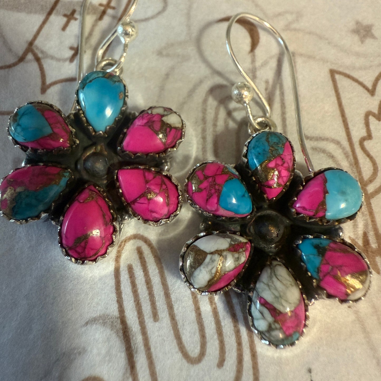 Cotton Candy Turquoise Dahlia Cluster Earrings Handmade 925 Sterling Silver Silver Elegant