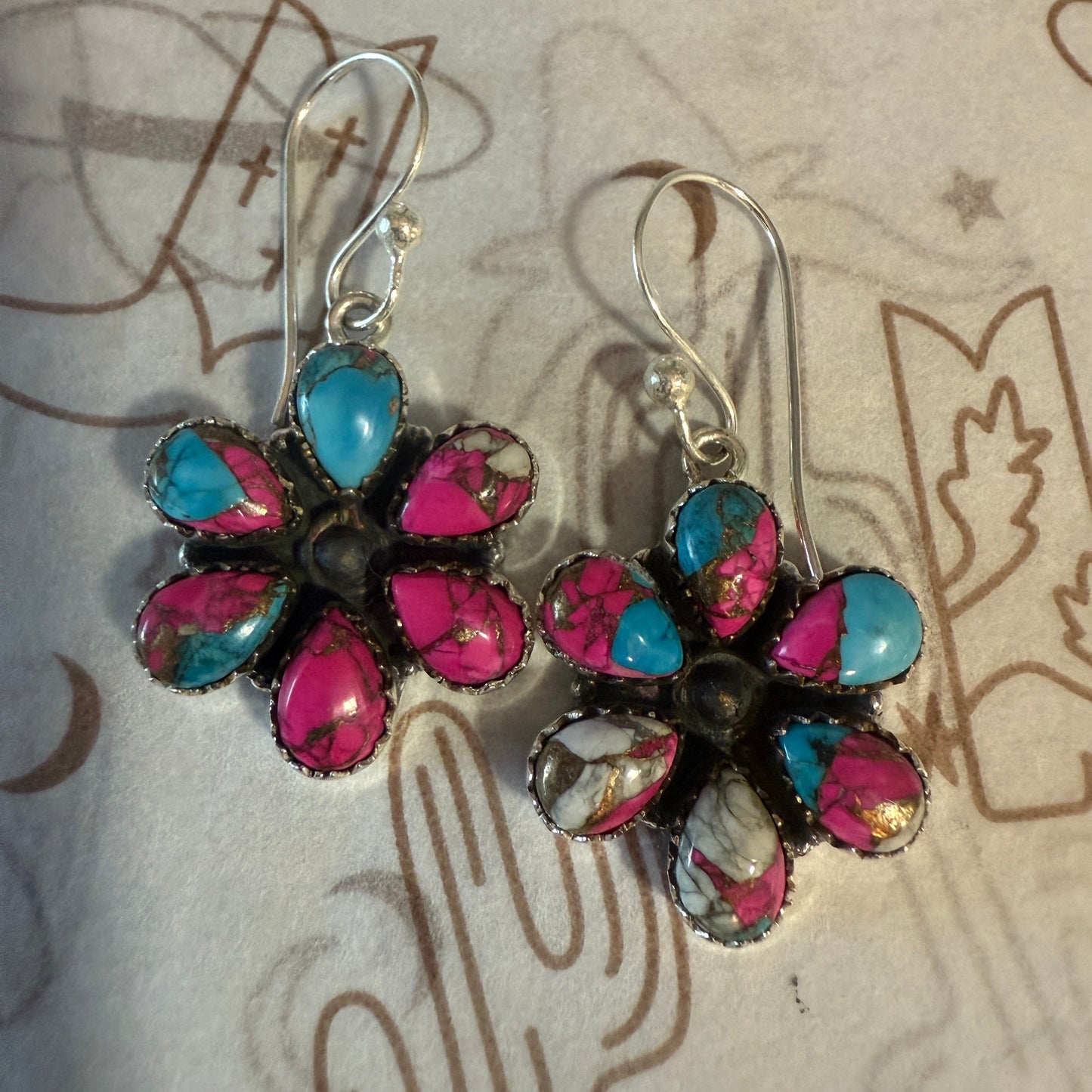 Cotton Candy Turquoise Dahlia Cluster Earrings Handmade 925 Sterling Silver Silver Elegant