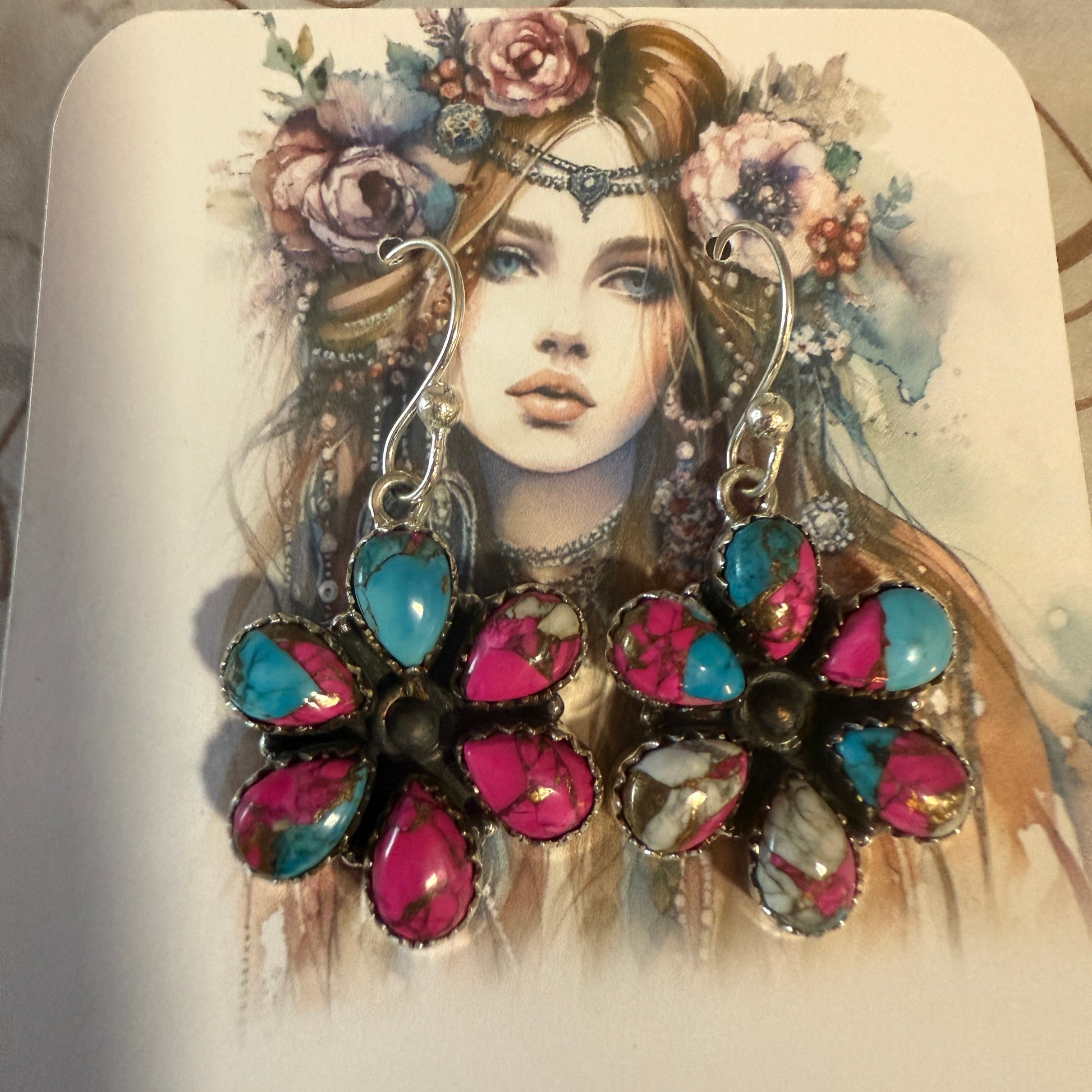 Cotton Candy Turquoise Dahlia Cluster Earrings Handmade 925 Sterling Silver Silver Elegant