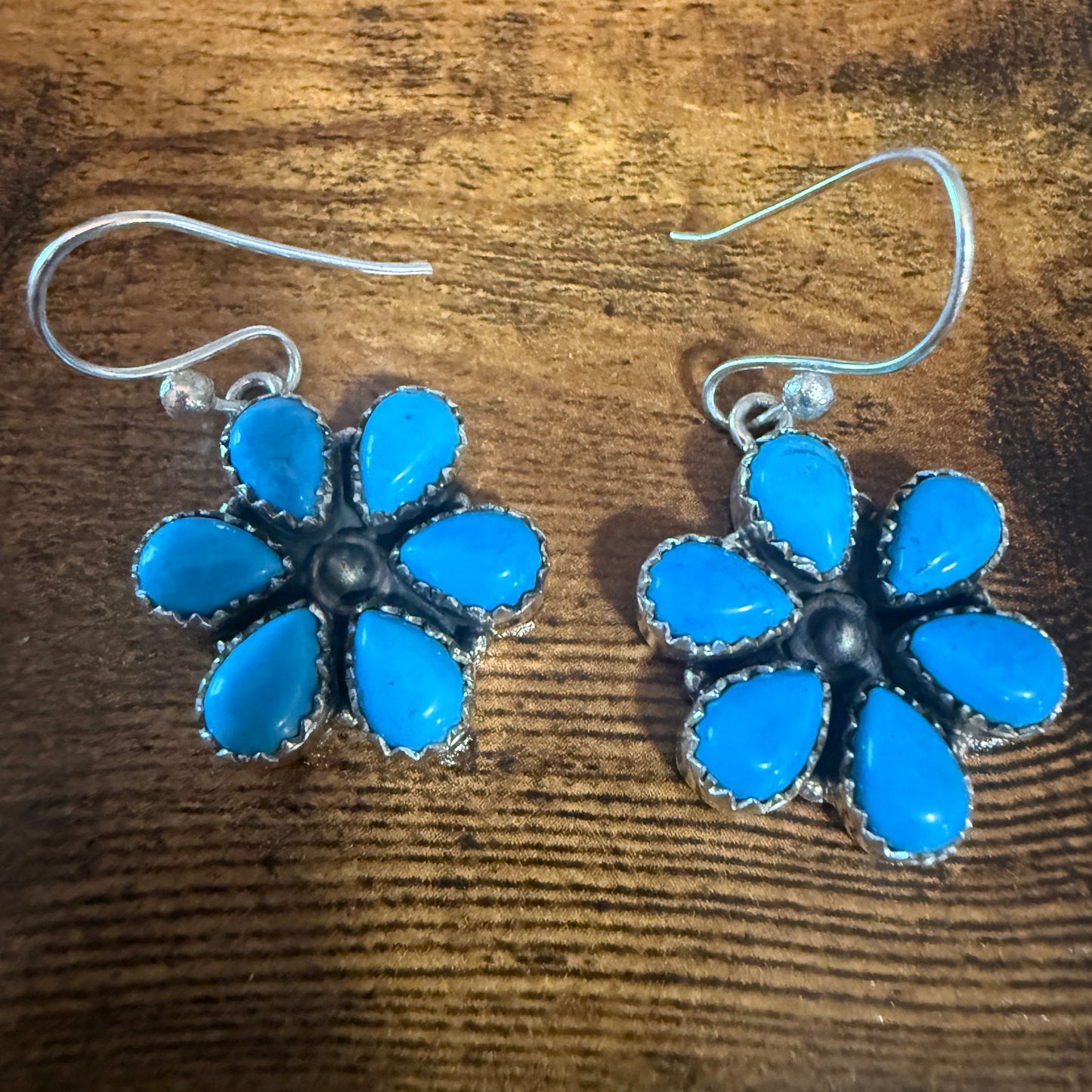 Sleeping Beauty Turquoise Dahlia Cluster Wire Earrings In 925 Sterling Silver Silver Elegant