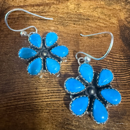 Sleeping Beauty Turquoise Dahlia Cluster Wire Earrings In 925 Sterling Silver Silver Elegant