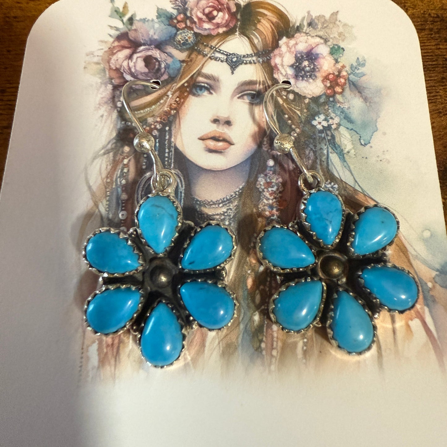 Sleeping Beauty Turquoise Dahlia Cluster Wire Earrings In 925 Sterling Silver Silver Elegant