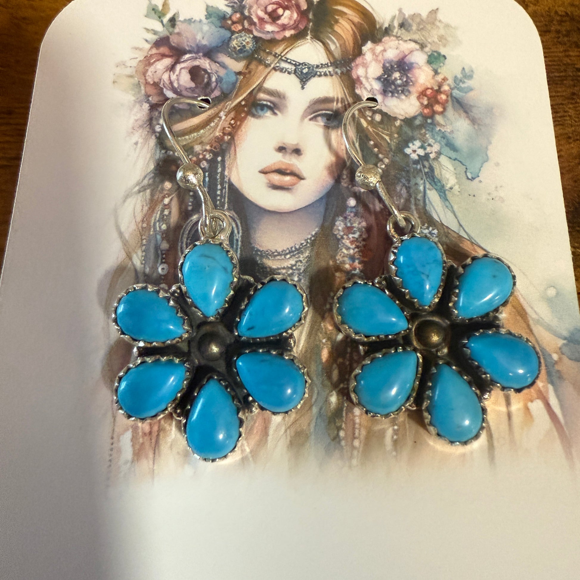 Sleeping Beauty Turquoise Dahlia Cluster Wire Earrings In 925 Sterling Silver Silver Elegant
