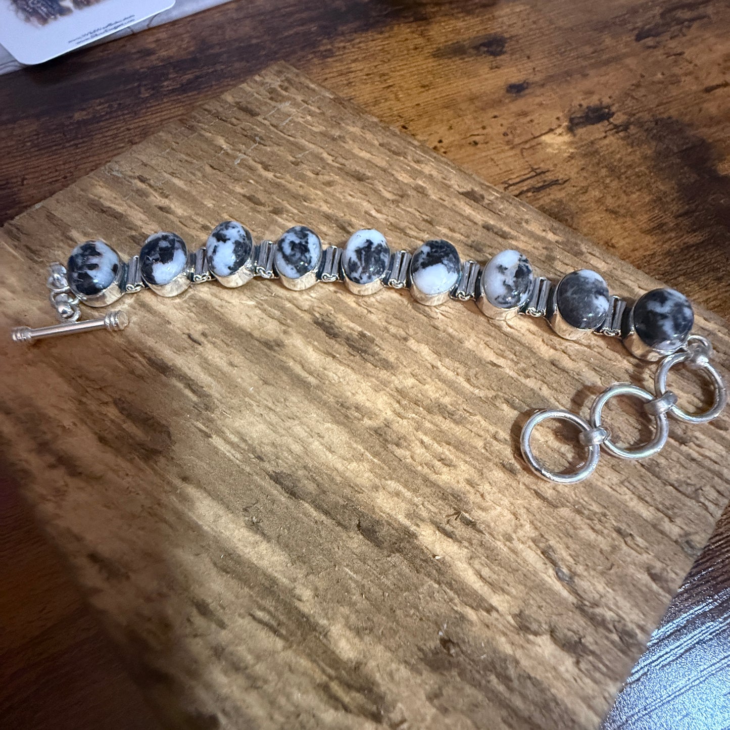 White Buffalo Turquoise Dalhia Bezel 925 Sterling Silver Chain Link Bracelet Silver Elegant