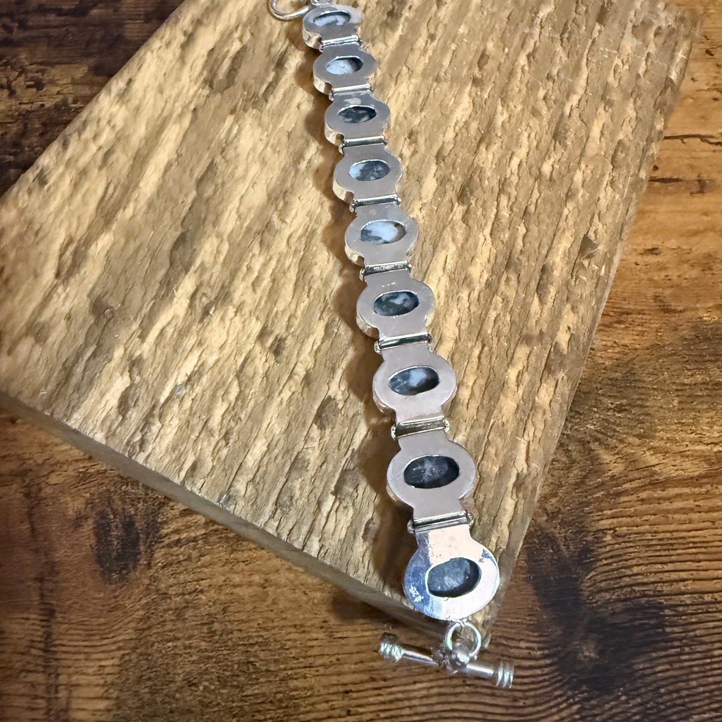 White Buffalo Turquoise Dalhia Bezel 925 Sterling Silver Chain Link Bracelet Silver Elegant
