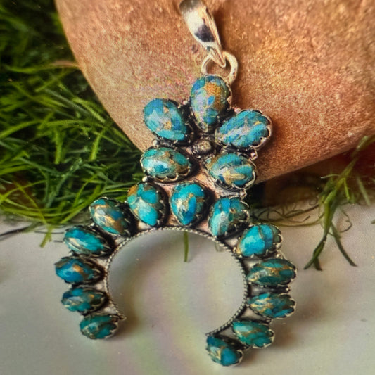 Blue Copper Turquoise Dalhia Pendant Necklace in 925 Sterling Silver Silver Elegant