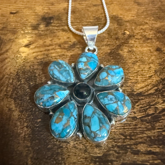Blue Copper Turquoise Gemstone Pendant Necklace 925 Sterling Silver Handmade Silver Elegant