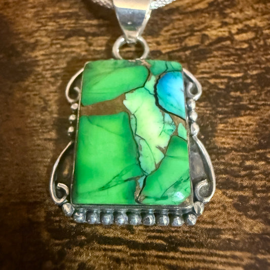 Peacock Dahlia Turquoise Gemstone Pendant Necklace 18 Inch Chain Sterling Silver Silver Elegant