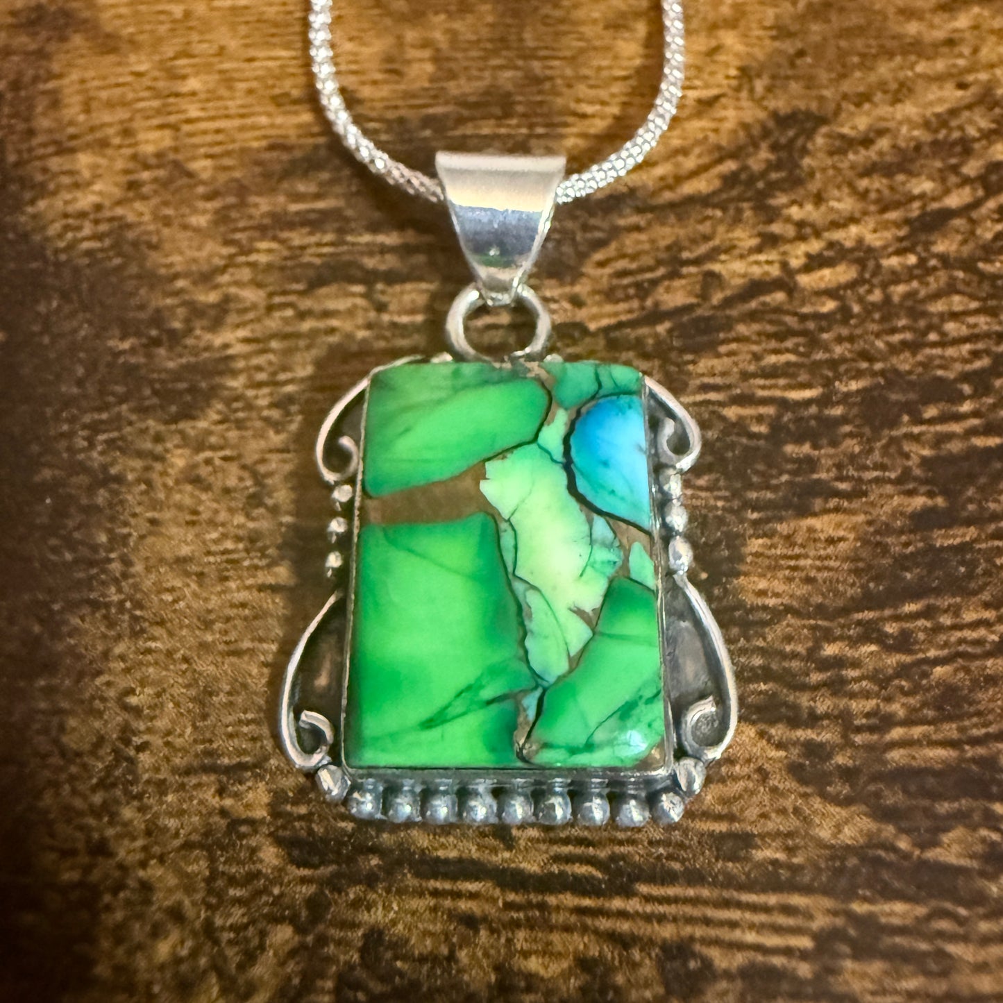 Peacock Dahlia Turquoise Gemstone Pendant Necklace 18 Inch Chain Sterling Silver Silver Elegant