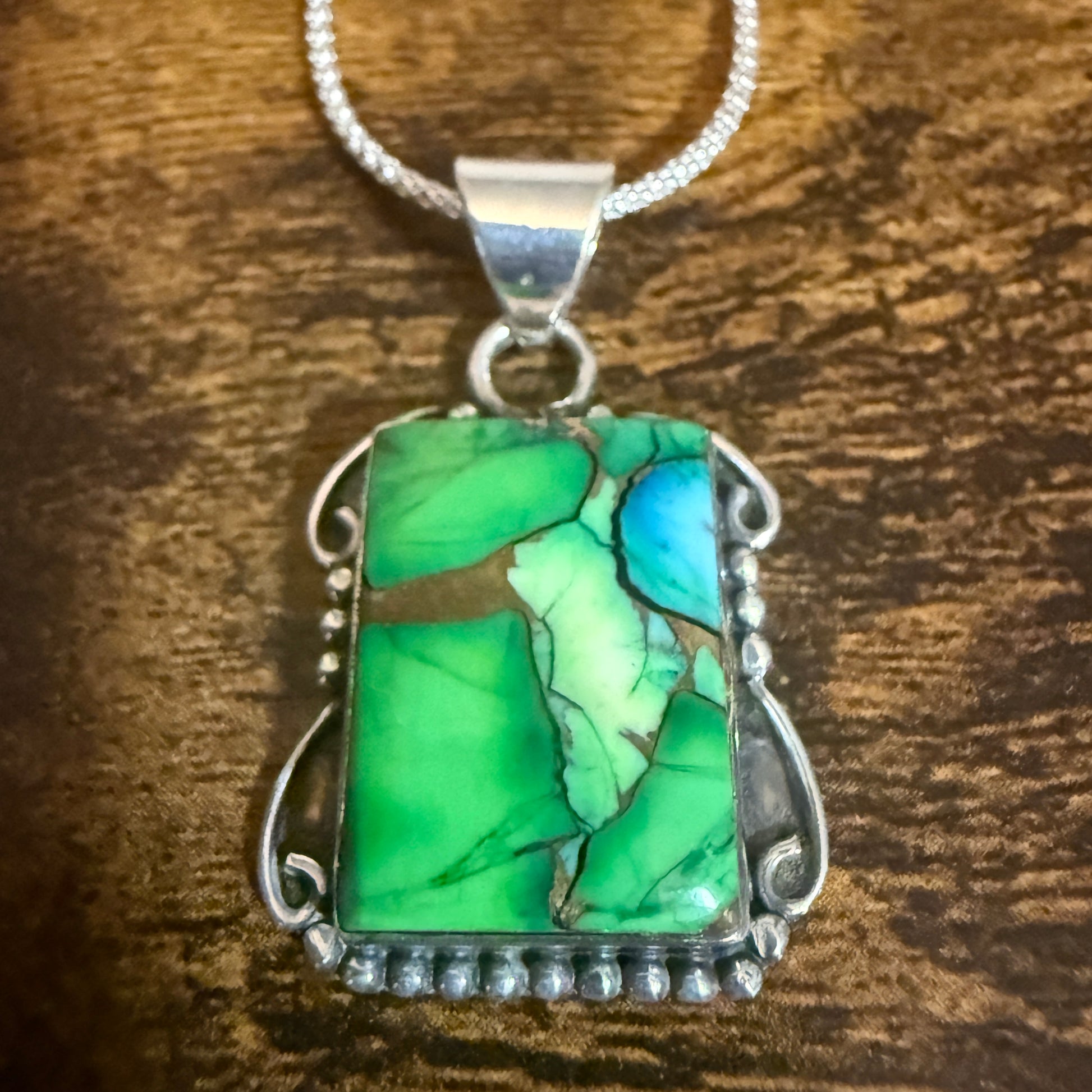 Peacock Dahlia Turquoise Gemstone Pendant Necklace 18 Inch Chain Sterling Silver Silver Elegant