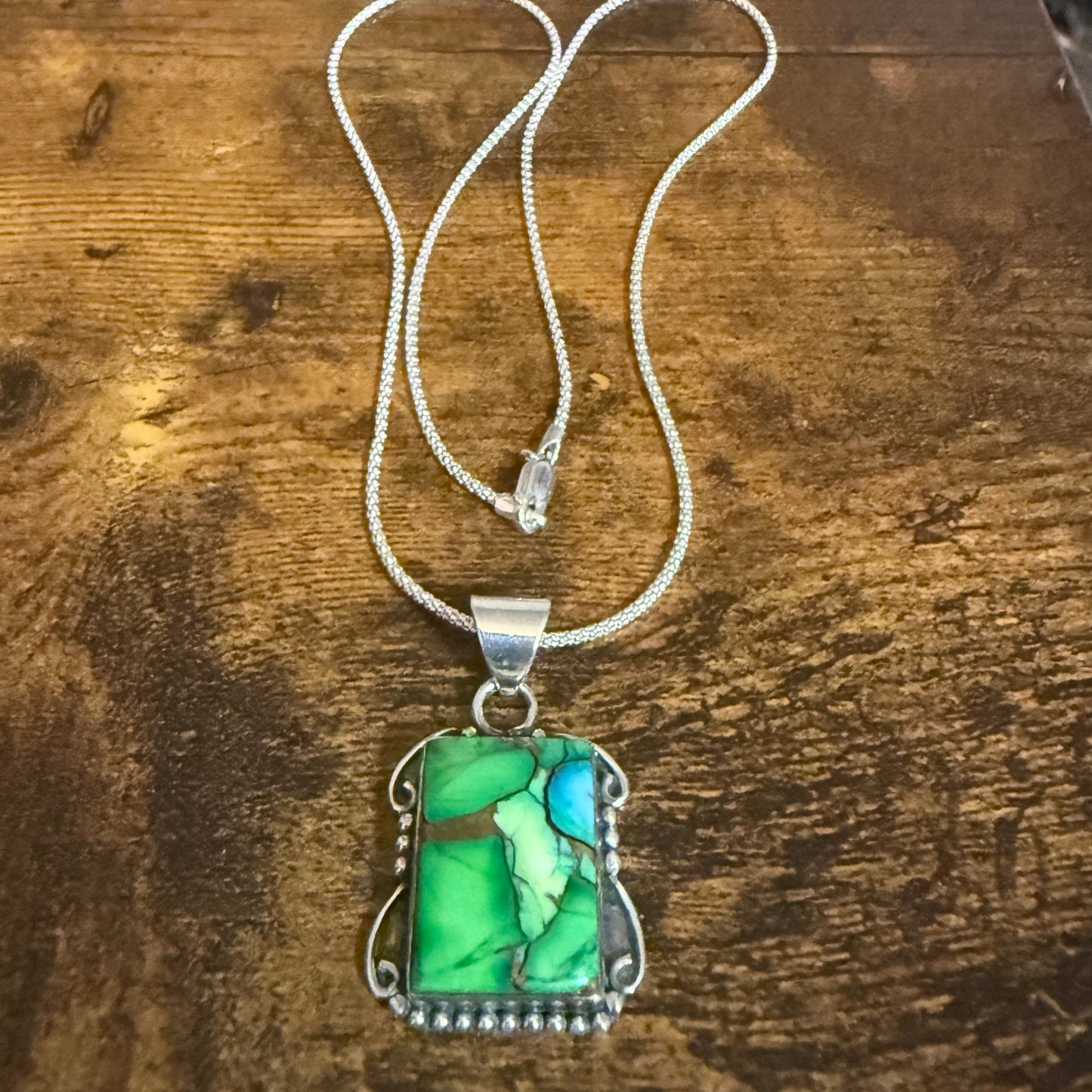 Peacock Dahlia Turquoise Gemstone Pendant Necklace 18 Inch Chain Sterling Silver Silver Elegant