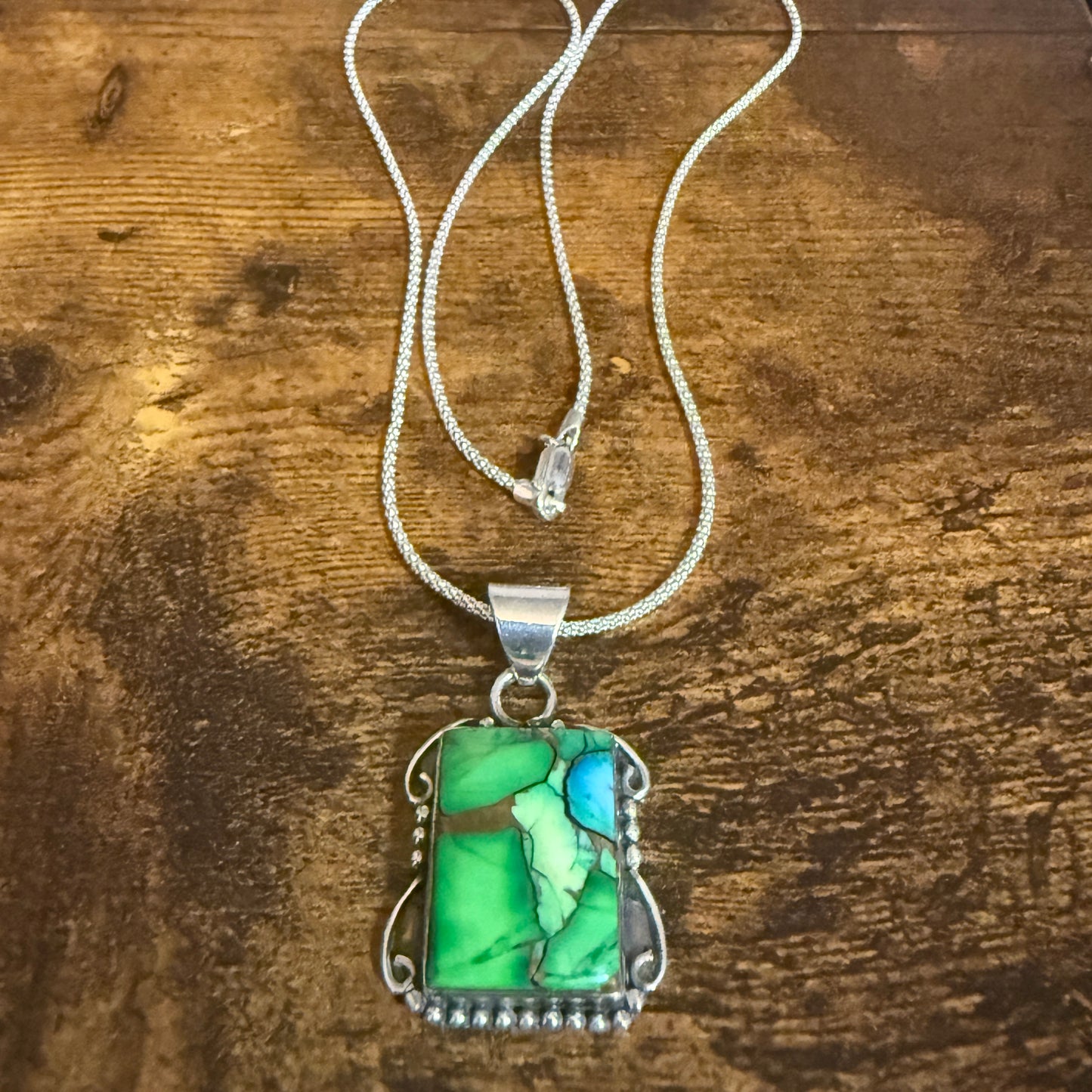 Peacock Dahlia Turquoise Gemstone Pendant Necklace 18 Inch Chain Sterling Silver Silver Elegant