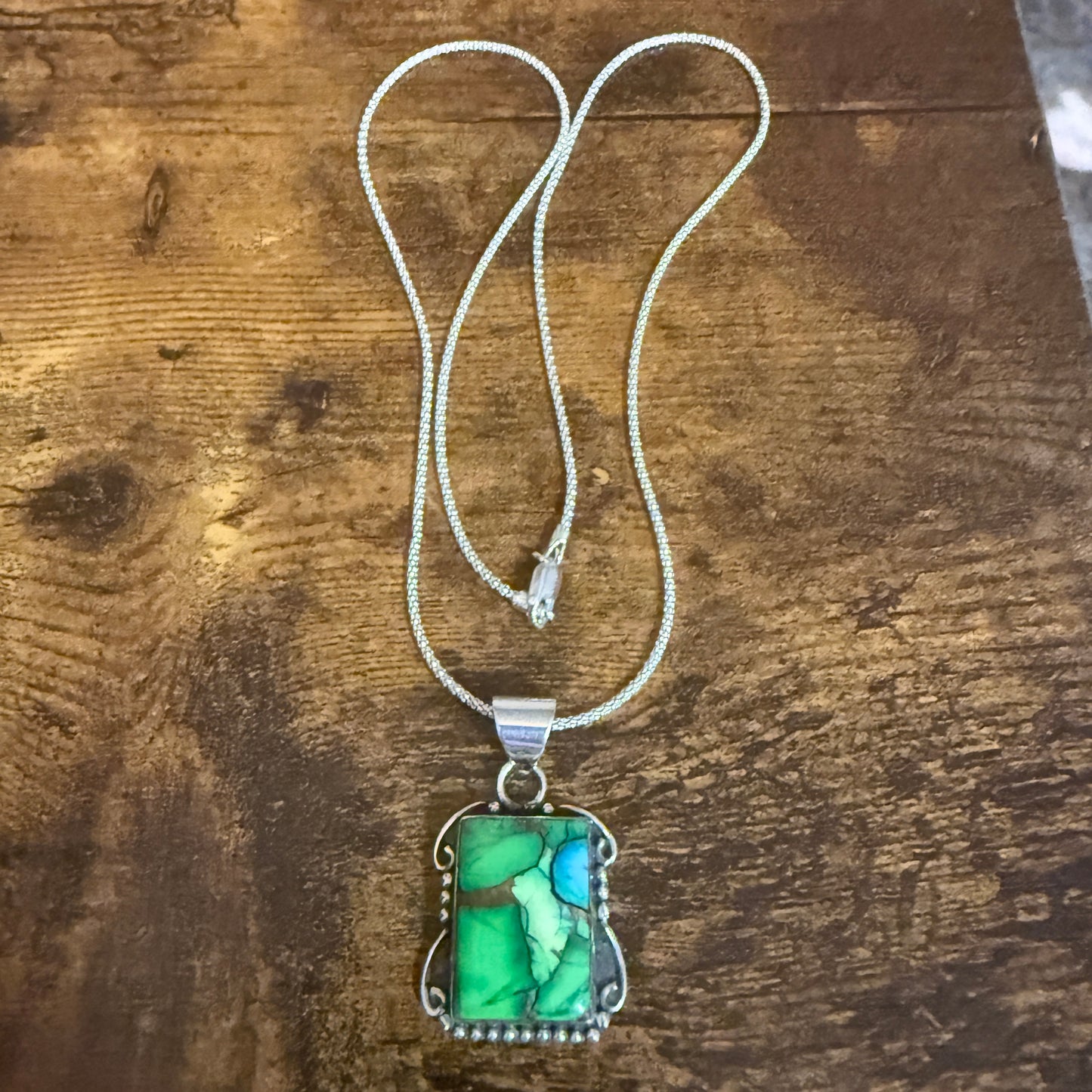 Peacock Dahlia Turquoise Gemstone Pendant Necklace 18 Inch Chain Sterling Silver Silver Elegant