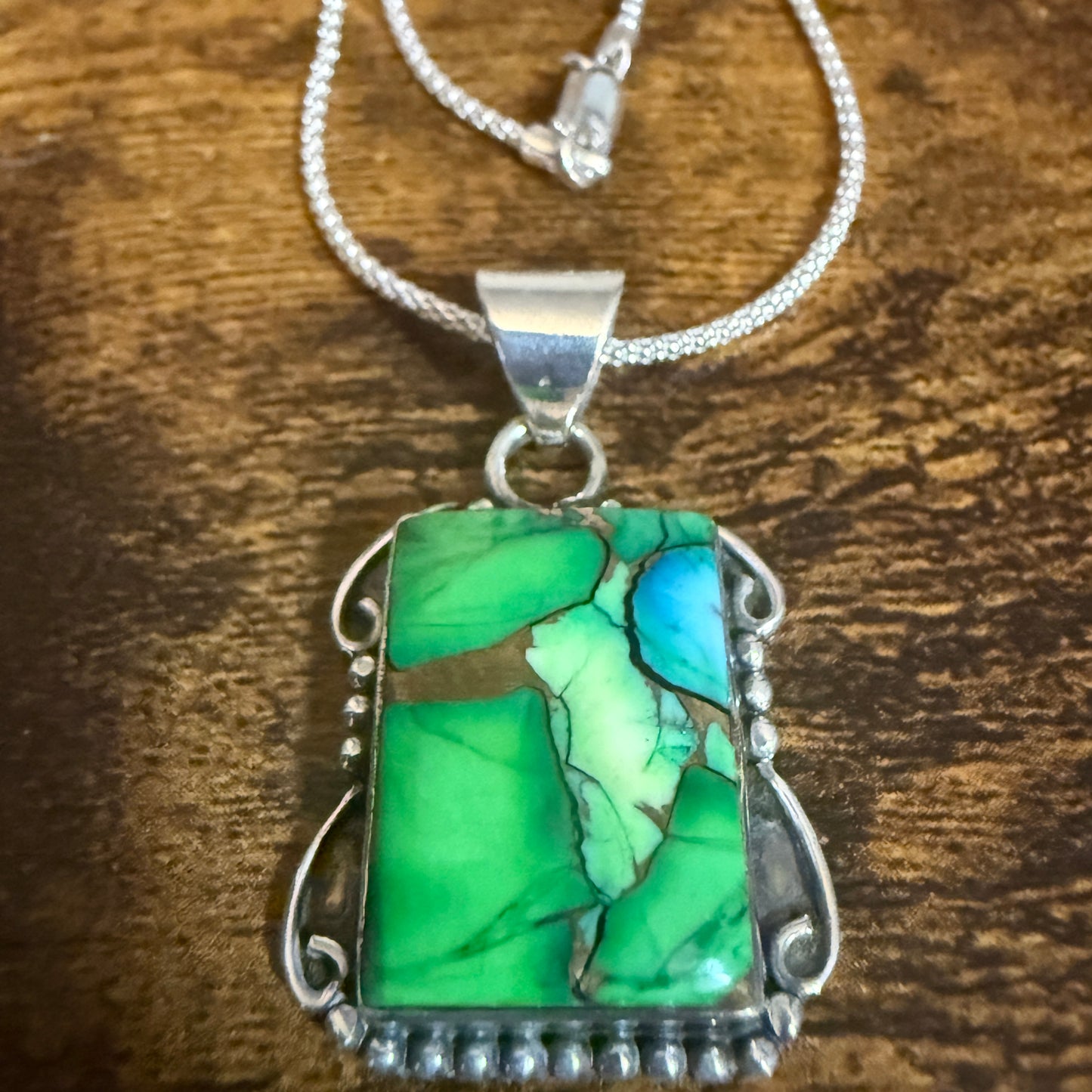 Peacock Dahlia Turquoise Gemstone Pendant Necklace 18 Inch Chain Sterling Silver Silver Elegant