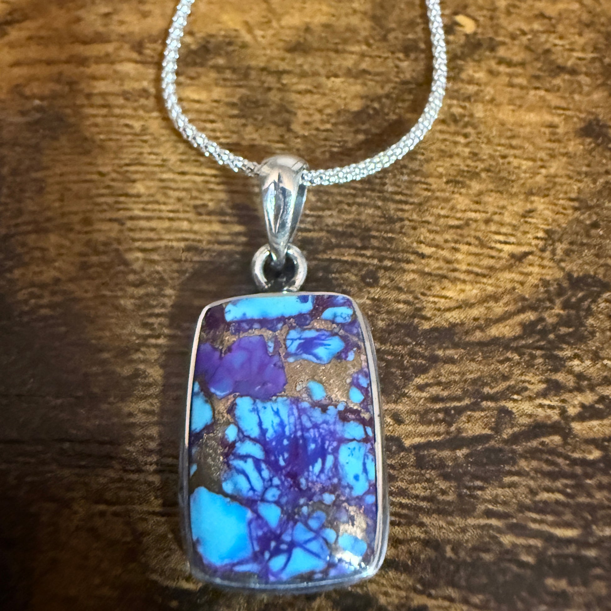Kingman Purple Dahlia Turquoise Pendant Necklace 925 Sterling Silver 18In Chain Silver Elegant