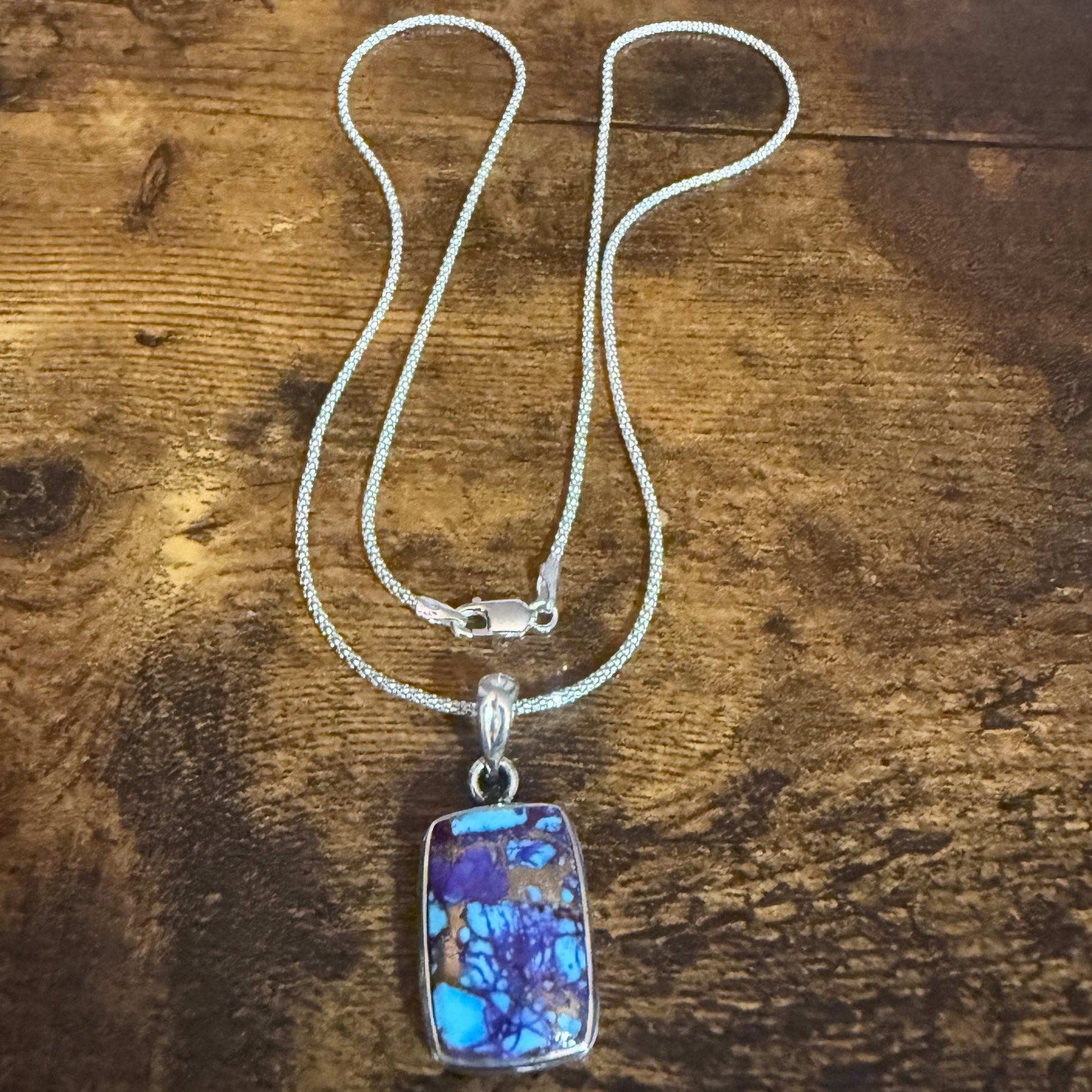 Kingman Purple Dahlia Turquoise Pendant Necklace 925 Sterling Silver 18In Chain Silver Elegant
