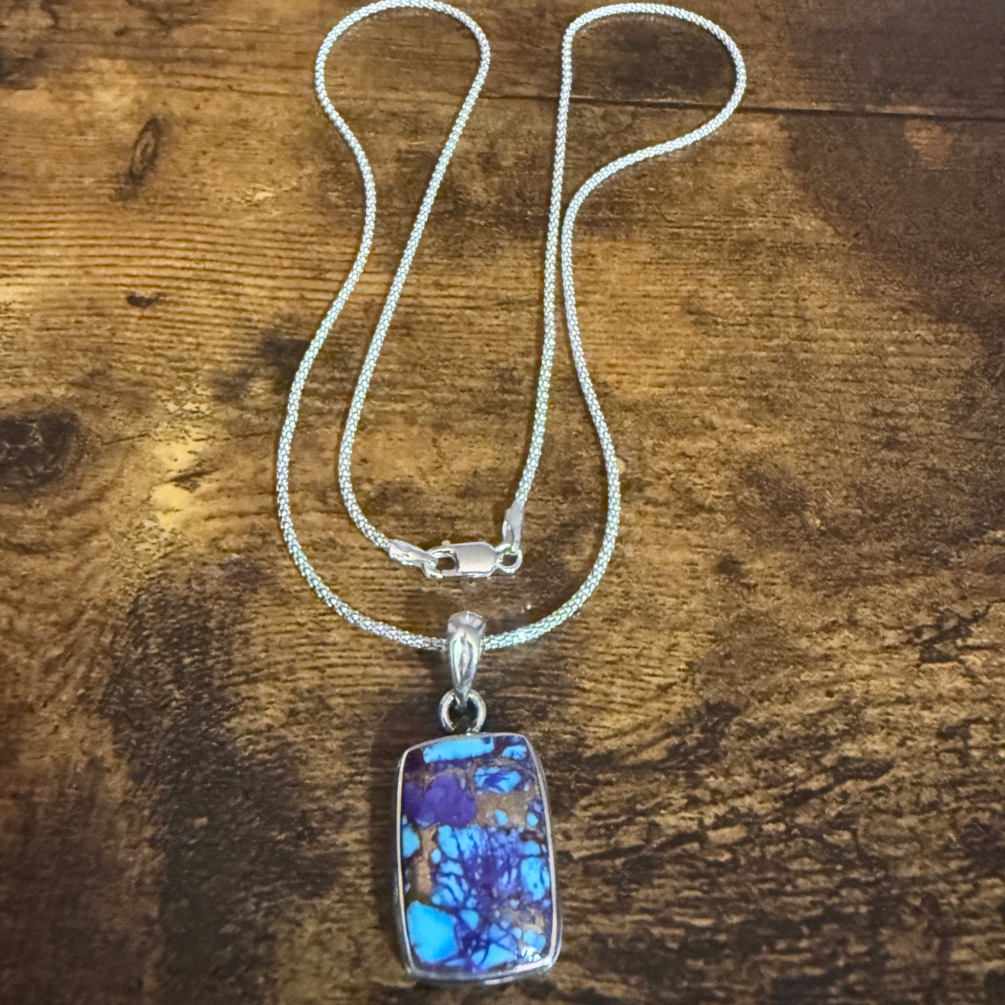 Kingman Purple Dahlia Turquoise Pendant Necklace 925 Sterling Silver 18In Chain Silver Elegant