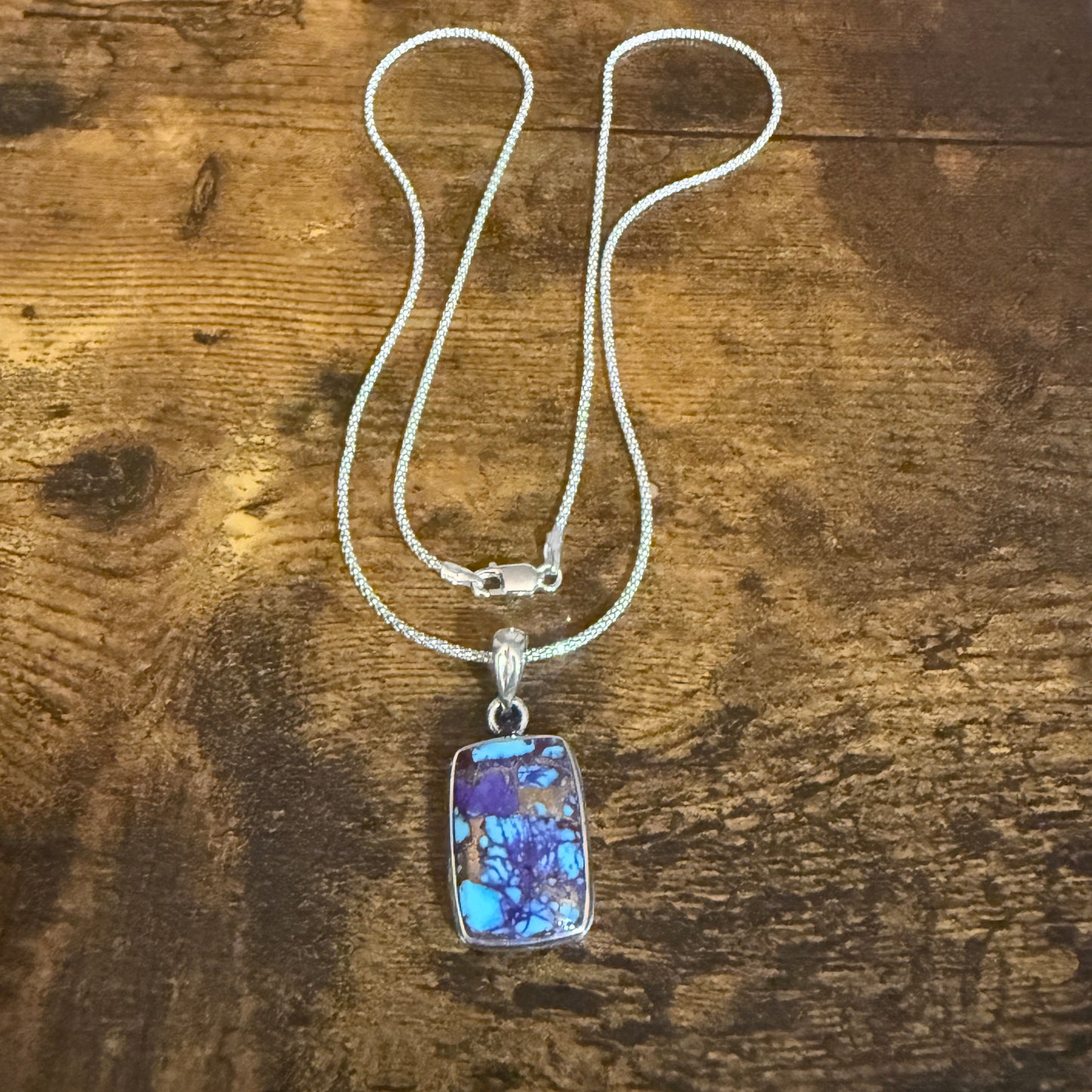 Kingman Purple Dahlia Turquoise Pendant Necklace 925 Sterling Silver 18In Chain Silver Elegant