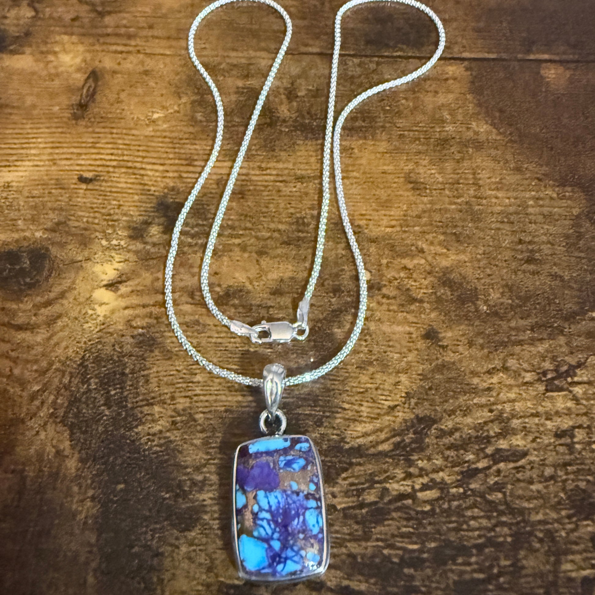 Kingman Purple Dahlia Turquoise Pendant Necklace 925 Sterling Silver 18In Chain Silver Elegant